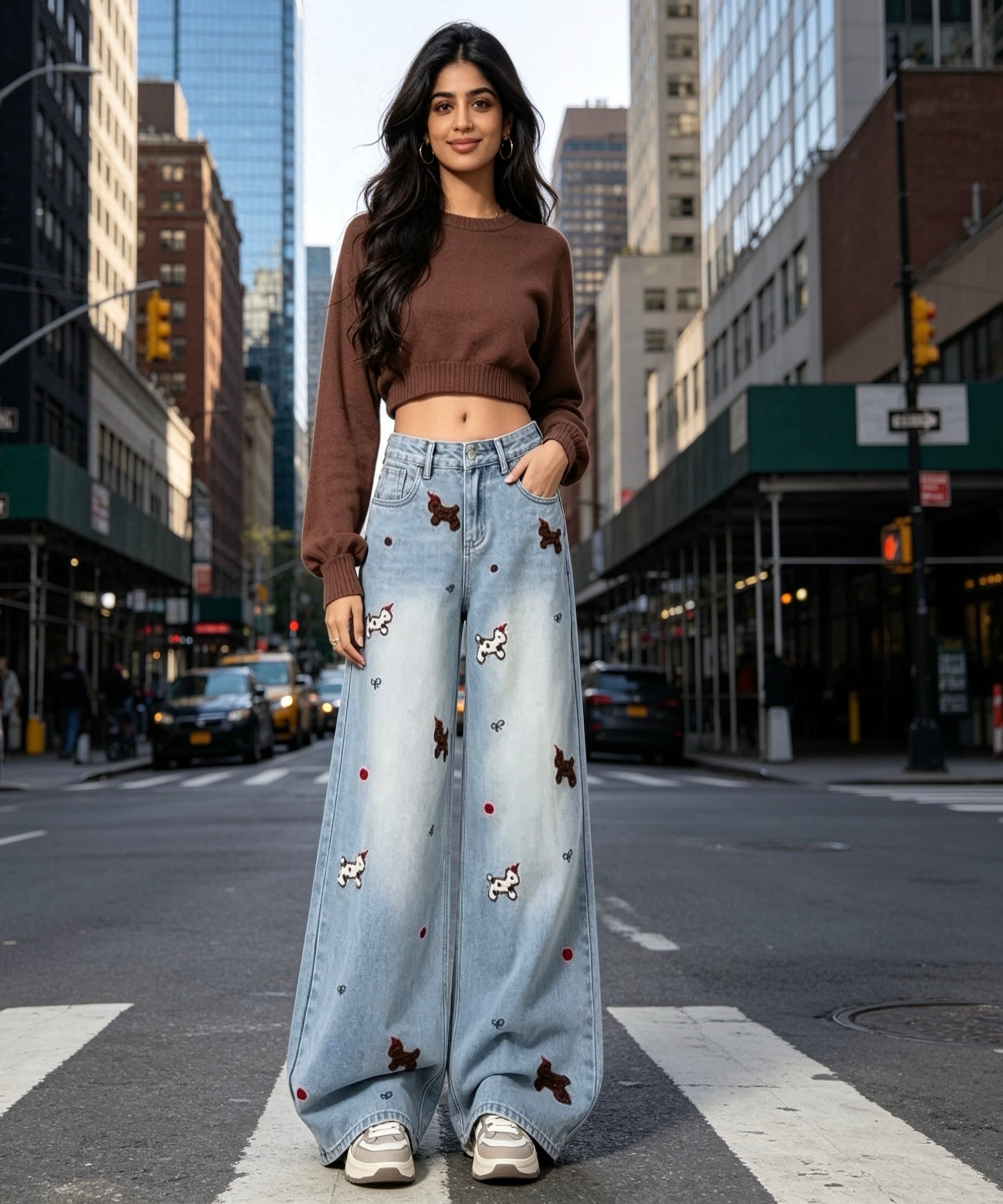 Woman in brown top and light blue jeans with butterfly patterns on a city street.