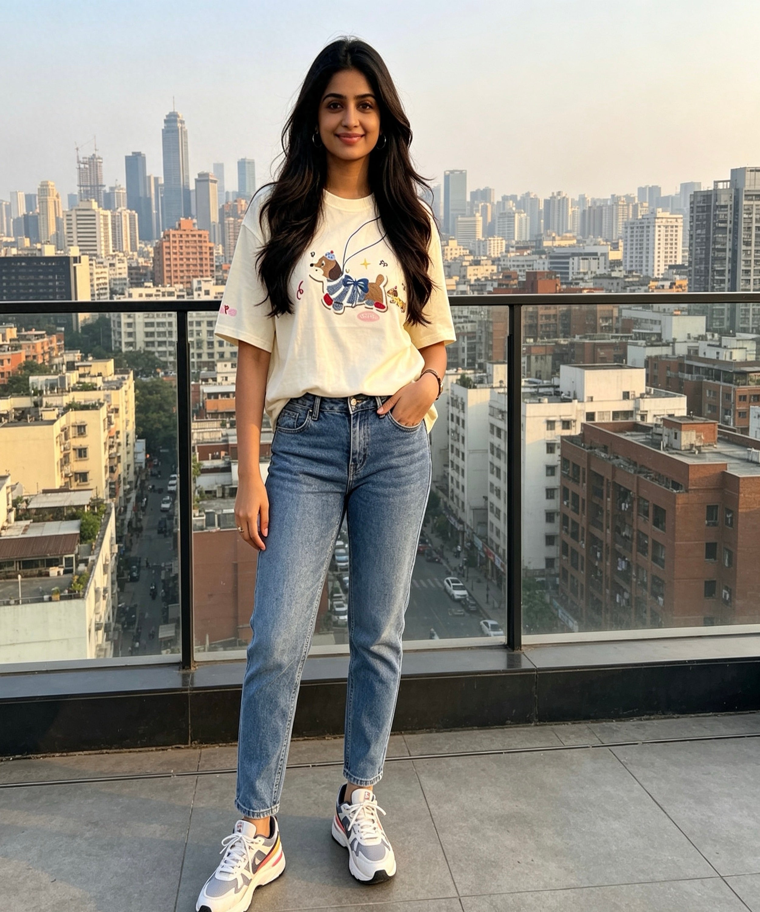 Woman standing on a rooftop with a cityscape in the background