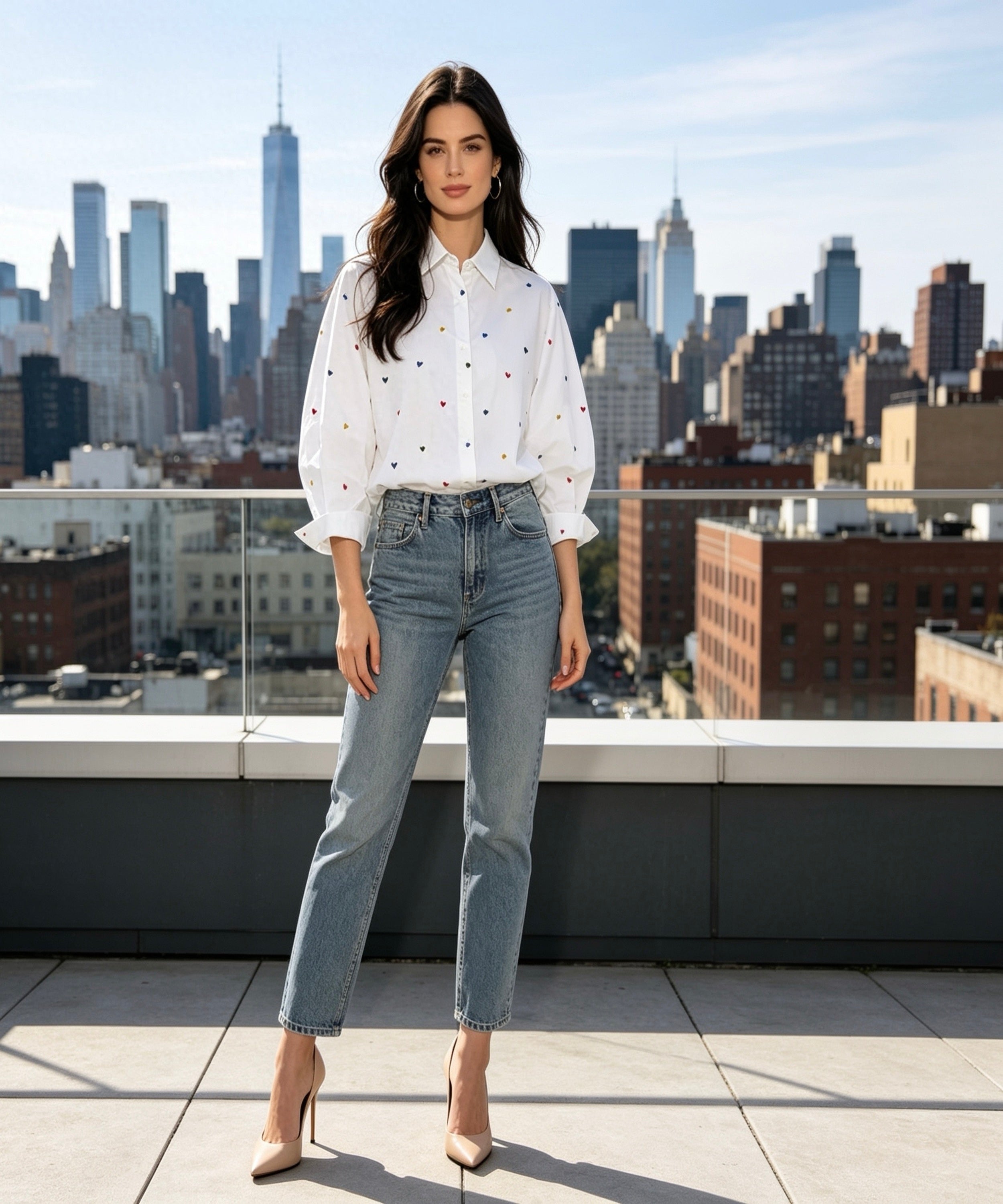 Woman in a white blouse with black polka dots and blue jeans standing on a rooftop with a city skyline in the background.