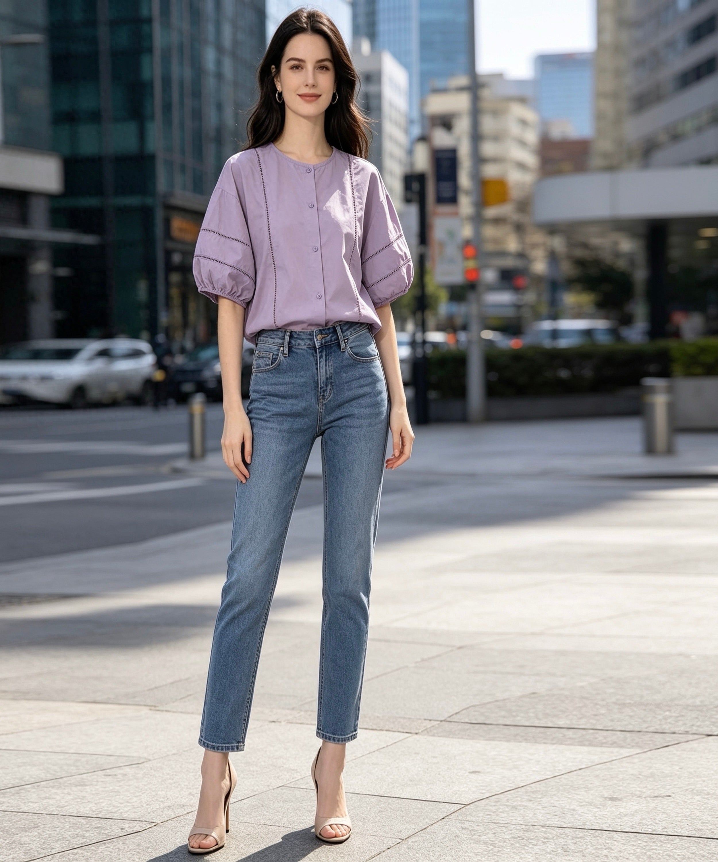 Woman in a lavender blouse and blue jeans standing on a city street.