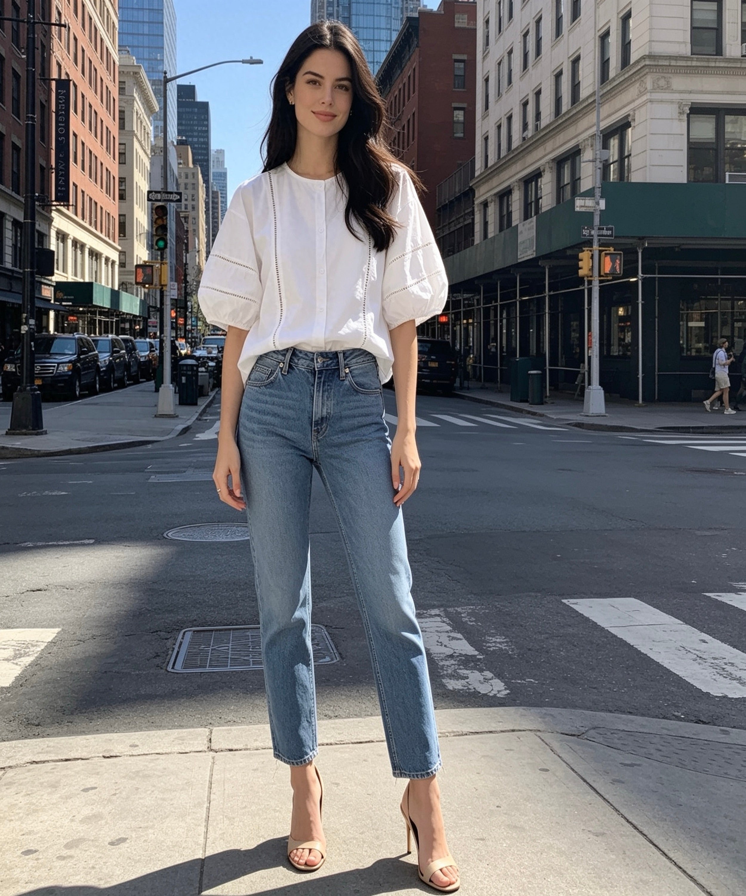 Woman in white blouse and blue jeans standing on a city street