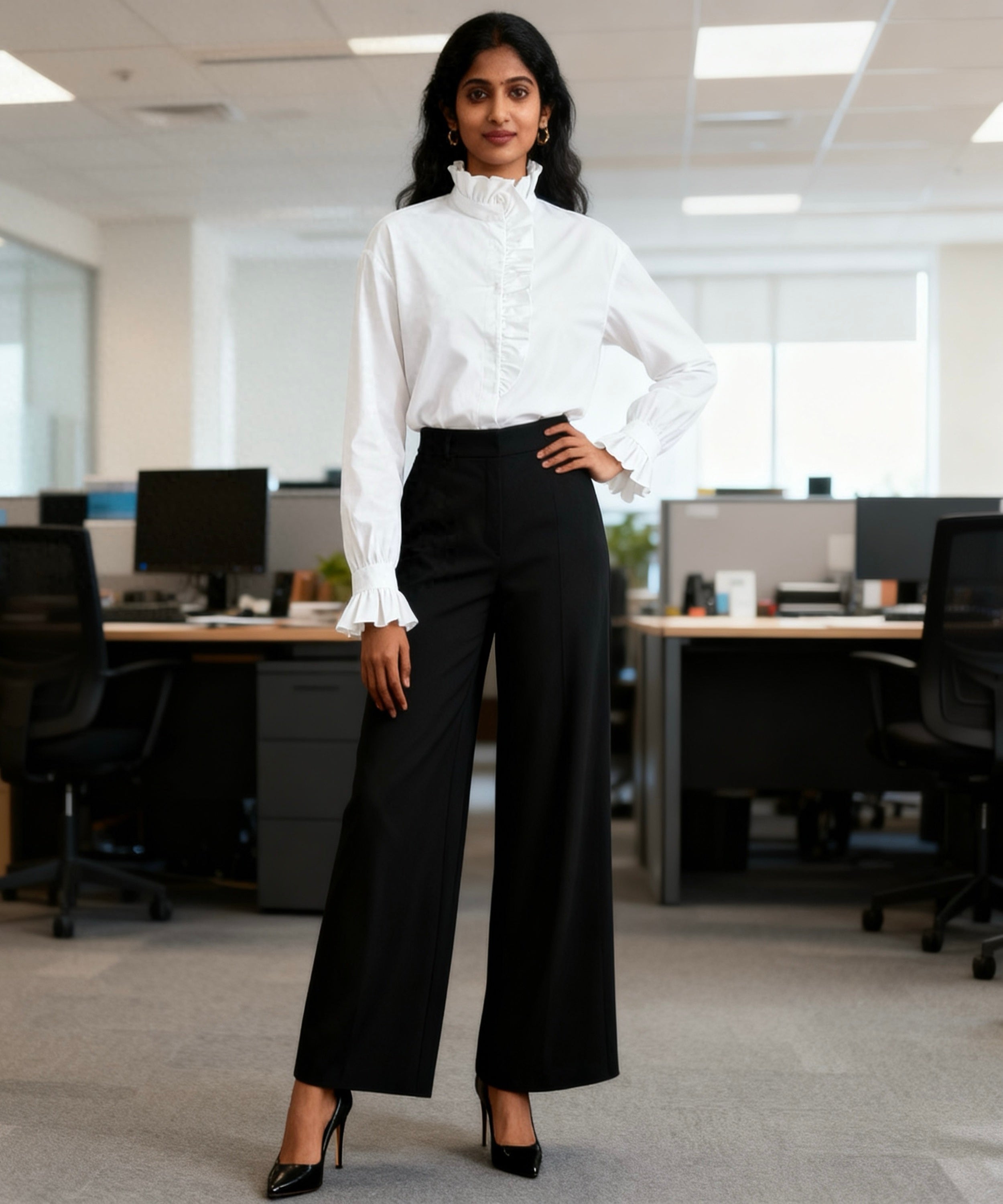 Woman in a white blouse and black pants standing in an office setting