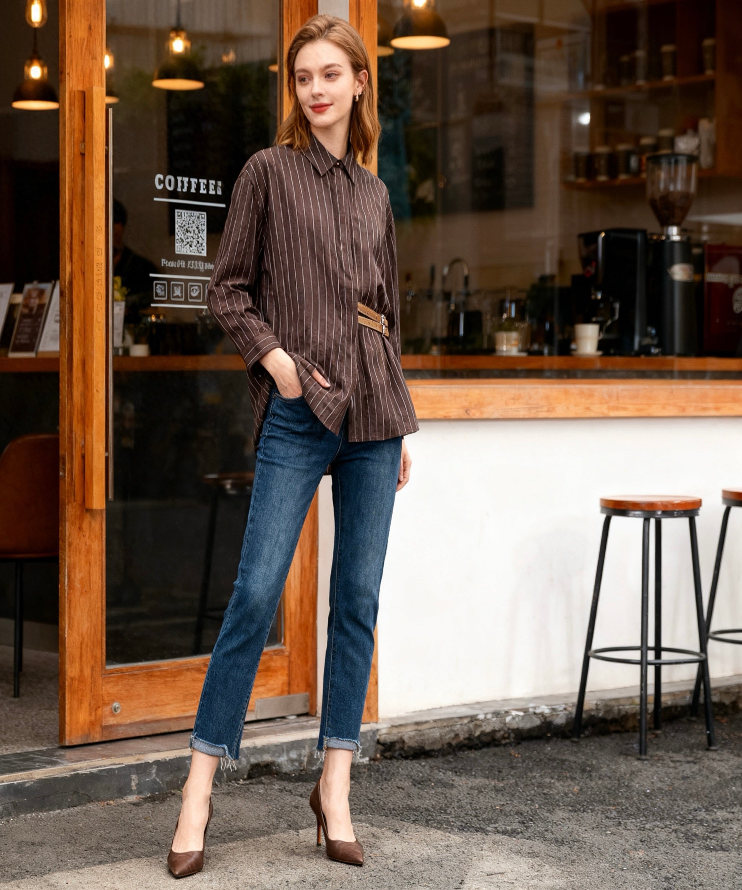 Woman in a striped shirt and jeans standing outside a coffee shop.