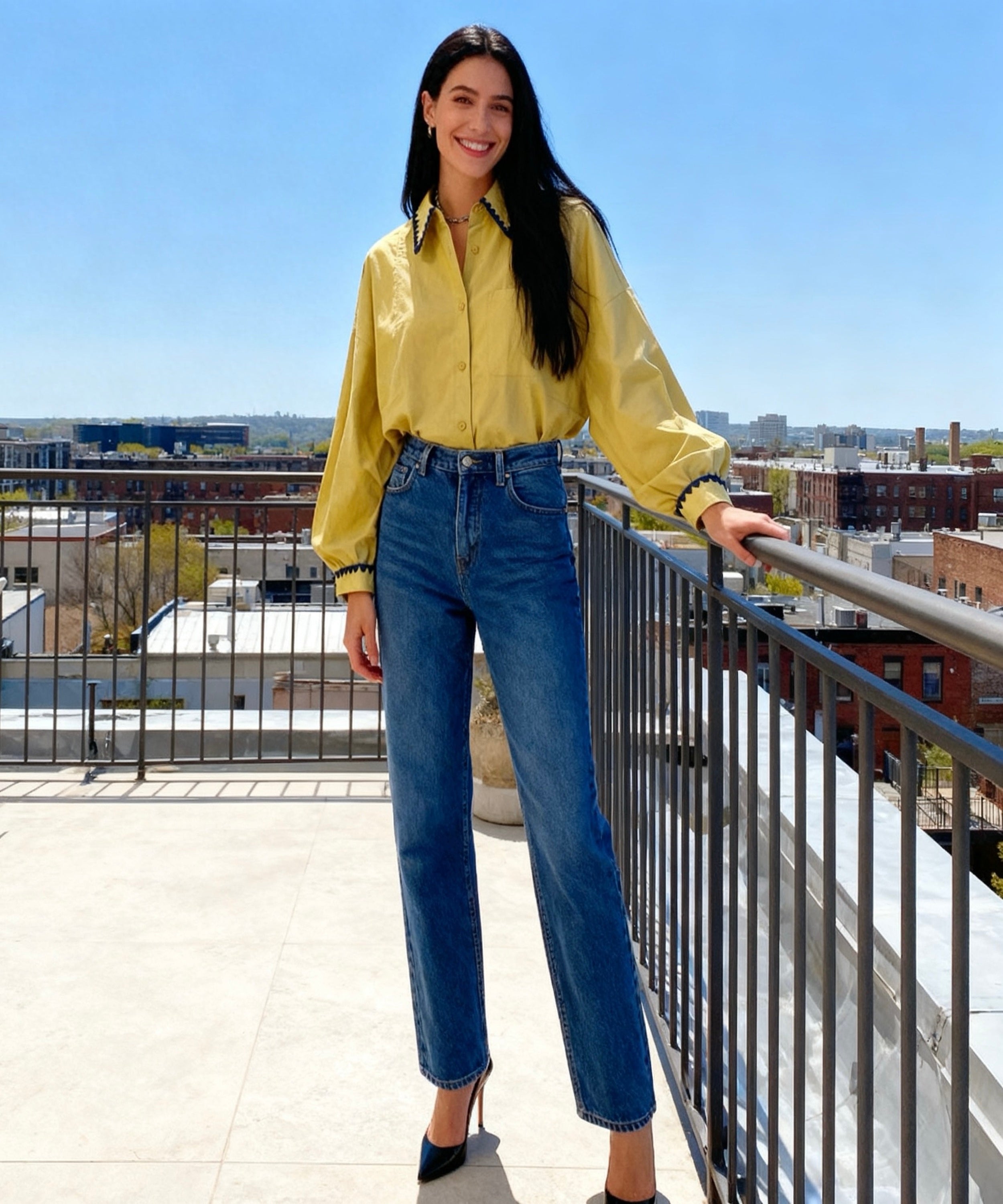 Woman in yellow shirt and blue jeans standing on a rooftop with a cityscape background