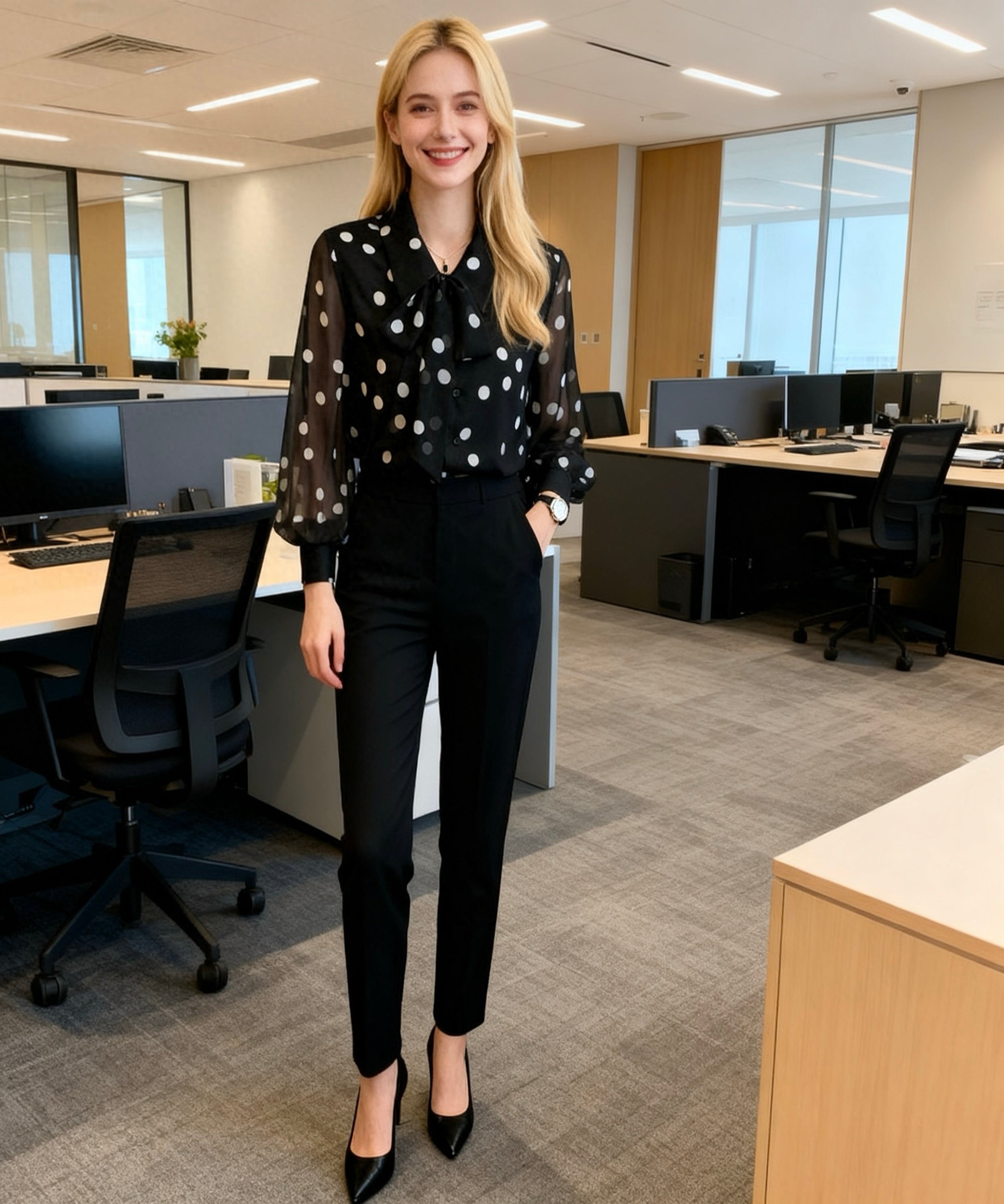 Woman in a polka dot blouse and black pants standing in an office.