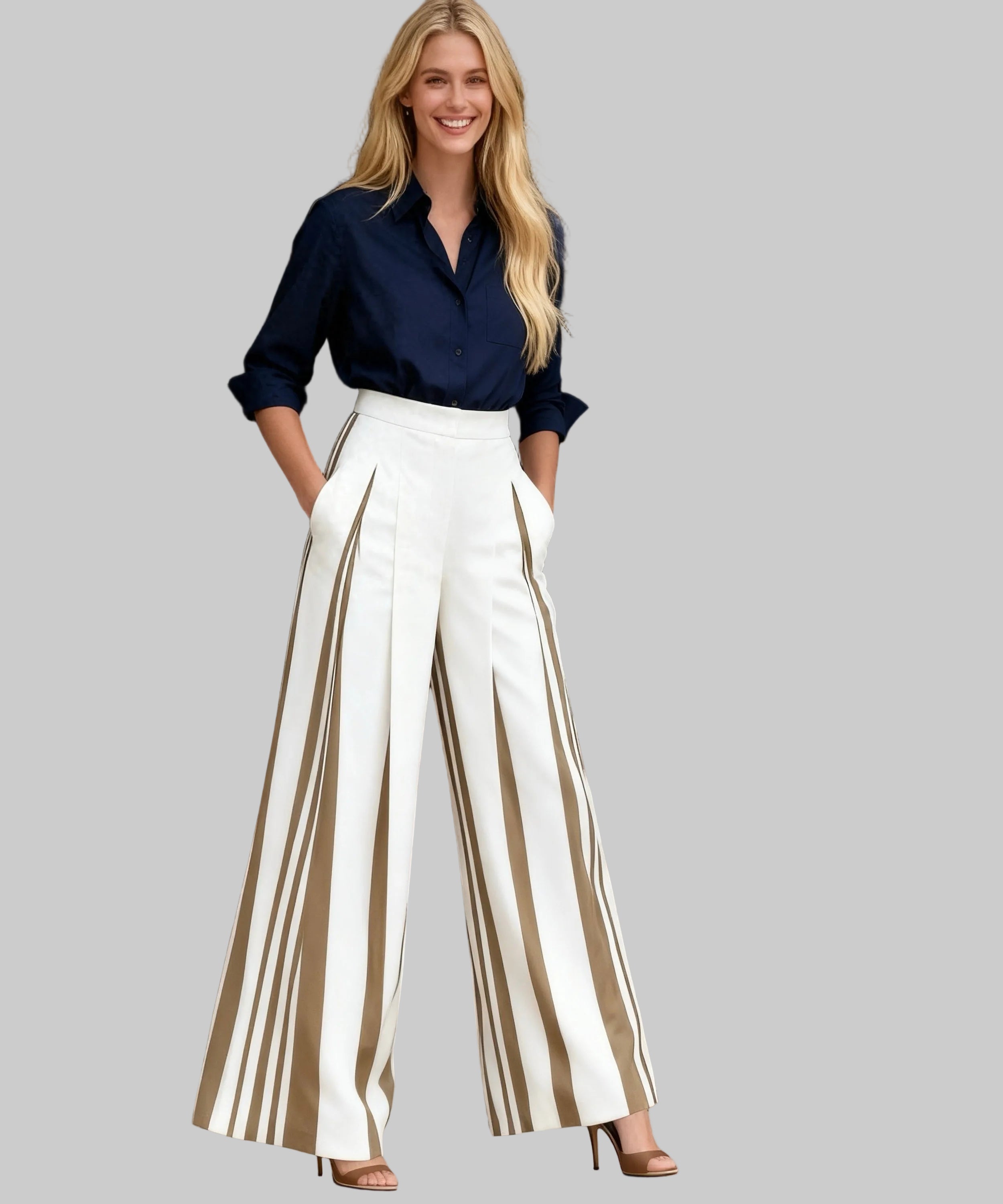 Woman wearing a navy shirt and white striped pants standing in a white background.