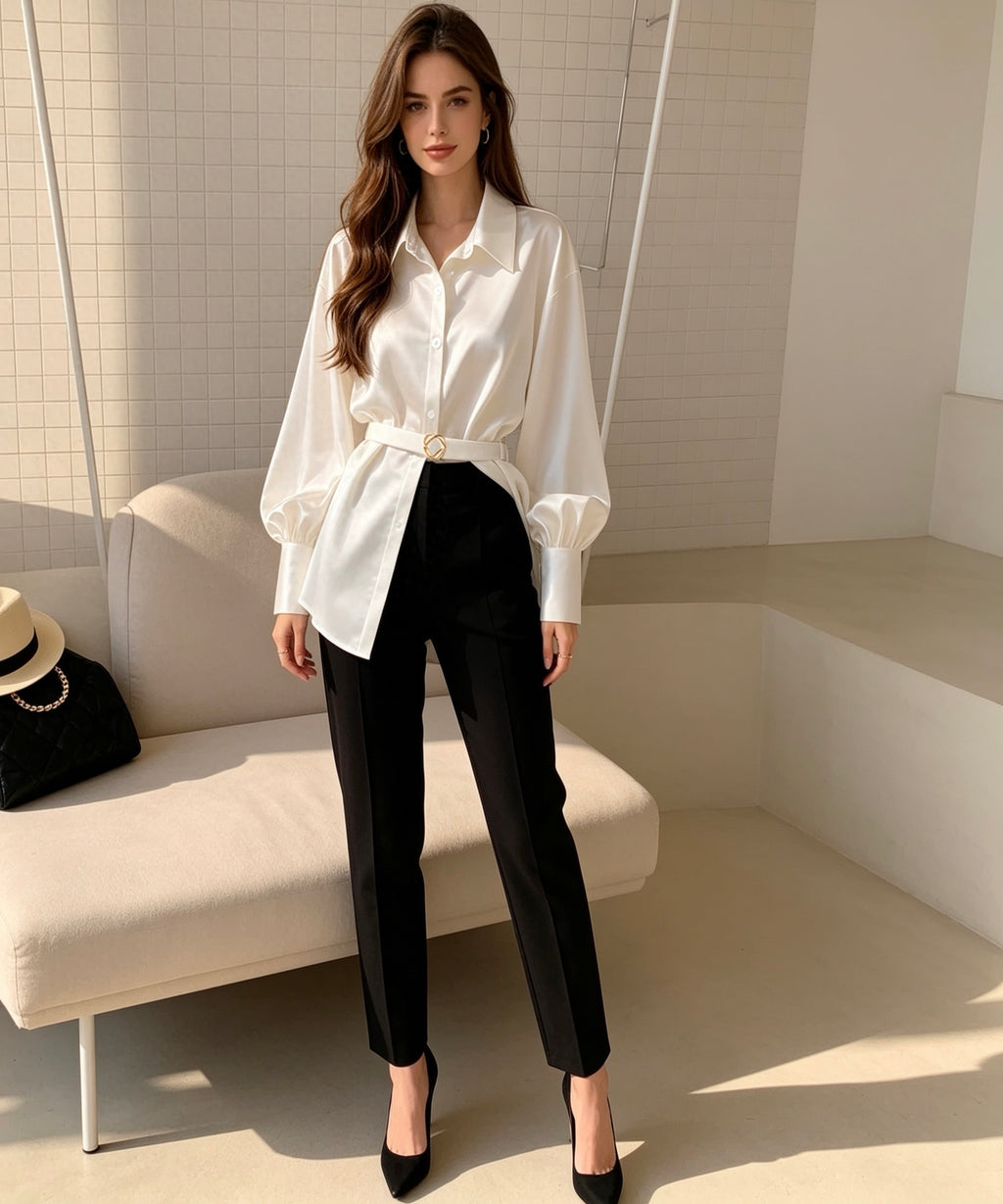 Woman wearing a white blouse and black pants in a minimalistic room.