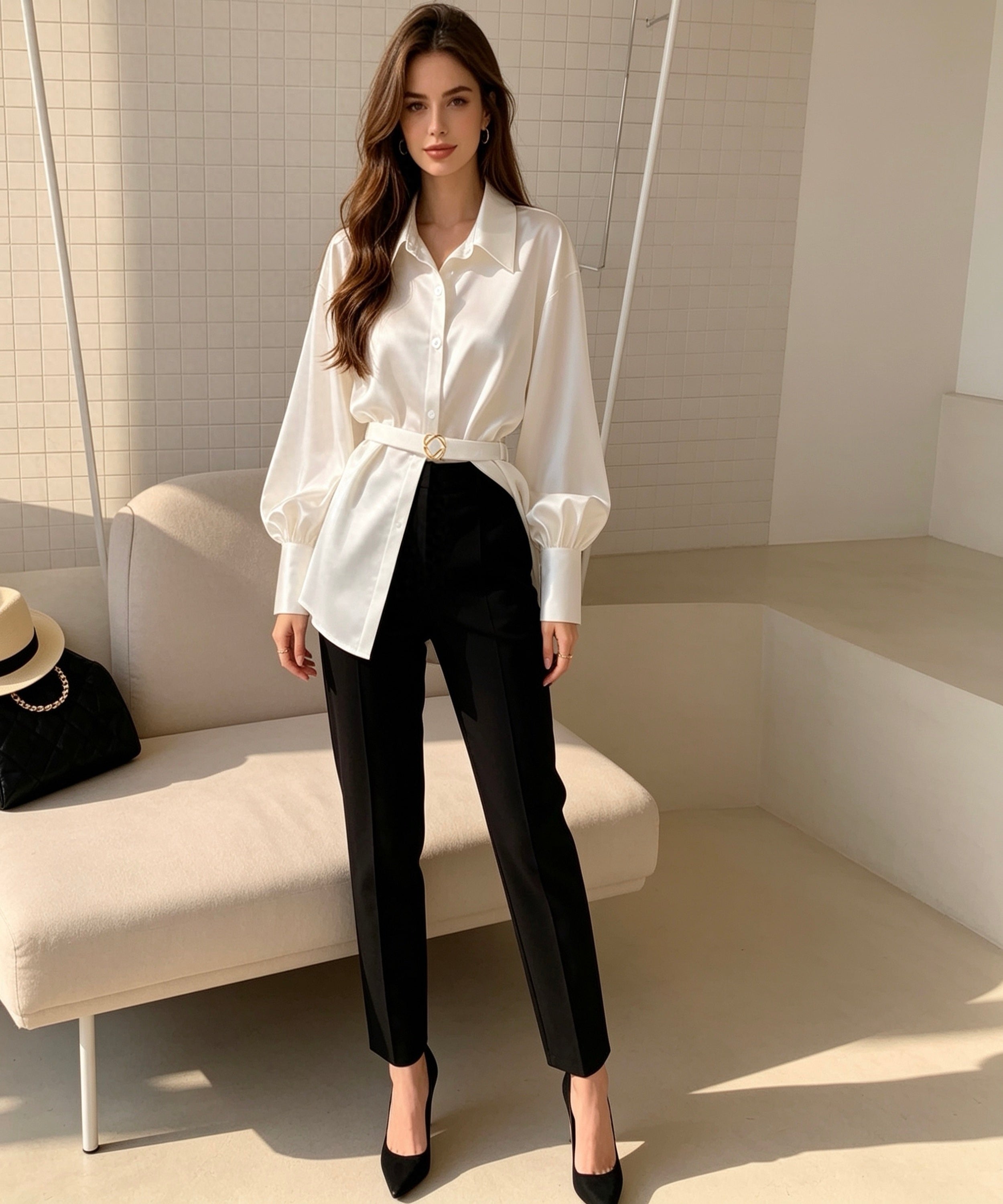 Woman wearing a white blouse and black pants in a minimalistic room.