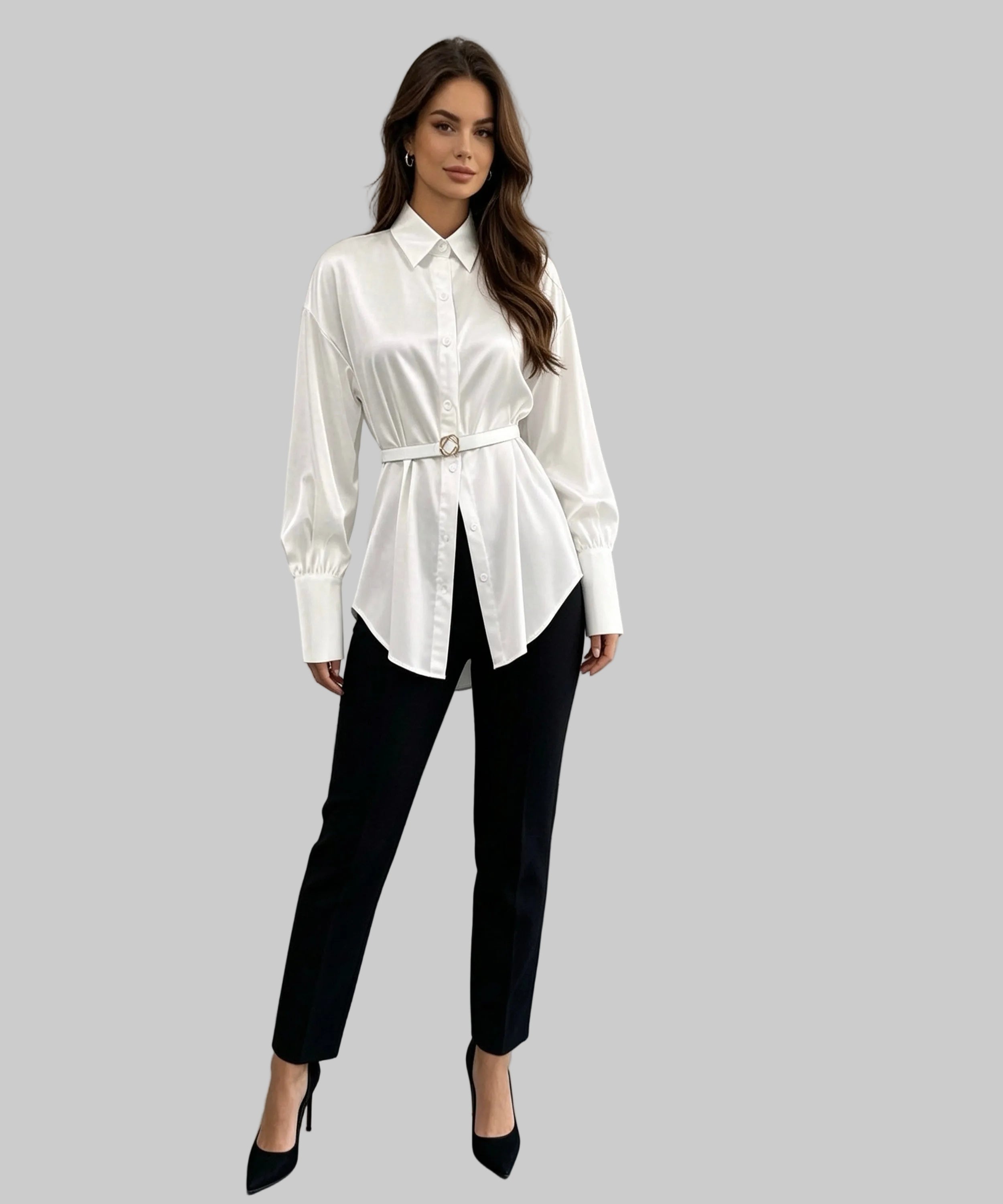 Woman wearing a white blouse and black pants in a white background