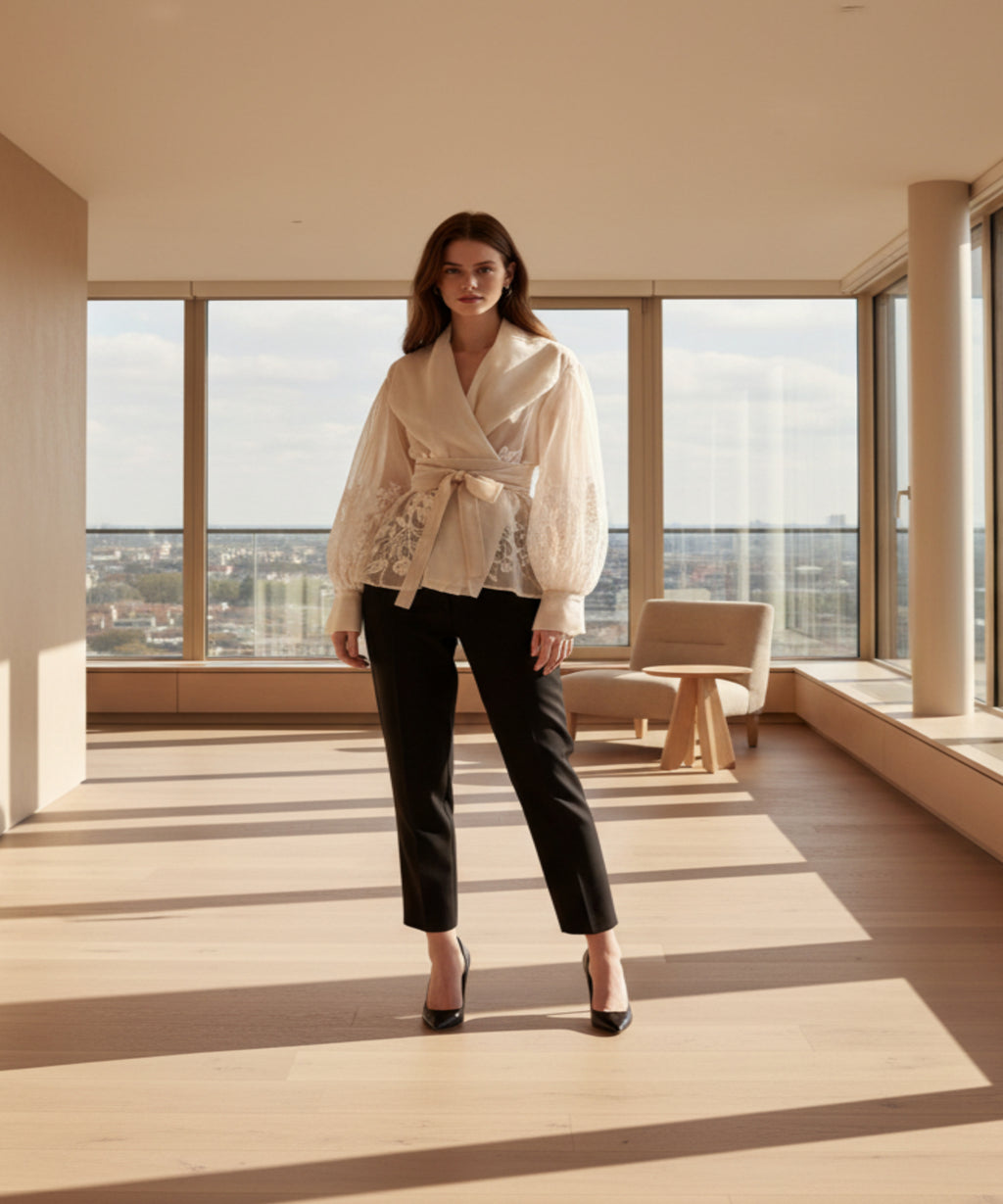 Woman wearing a white blouse with black pants on a white background