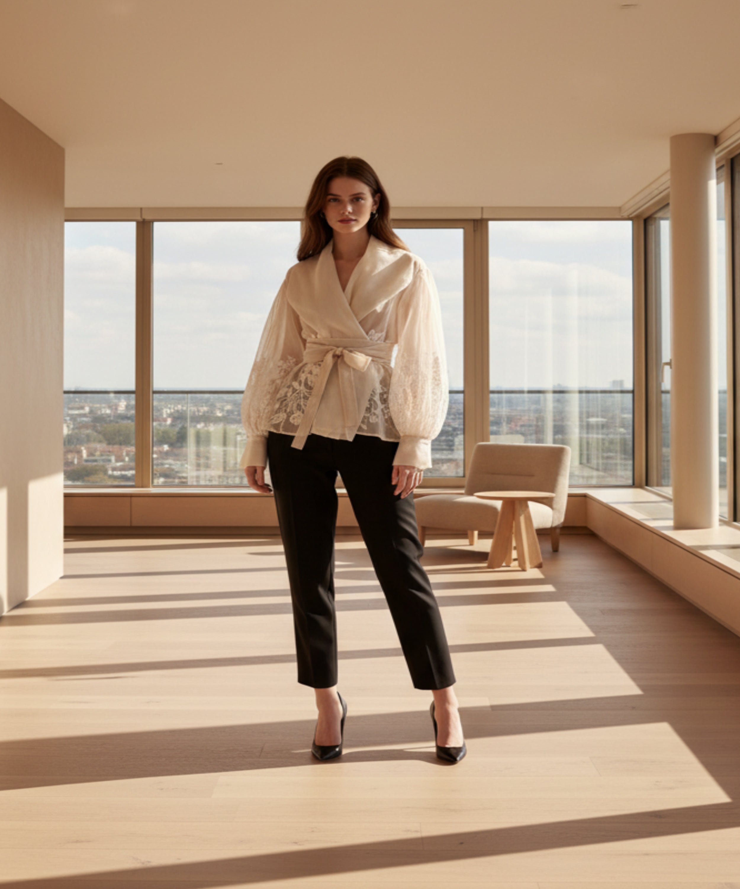 Woman wearing a white blouse with black pants on a white background