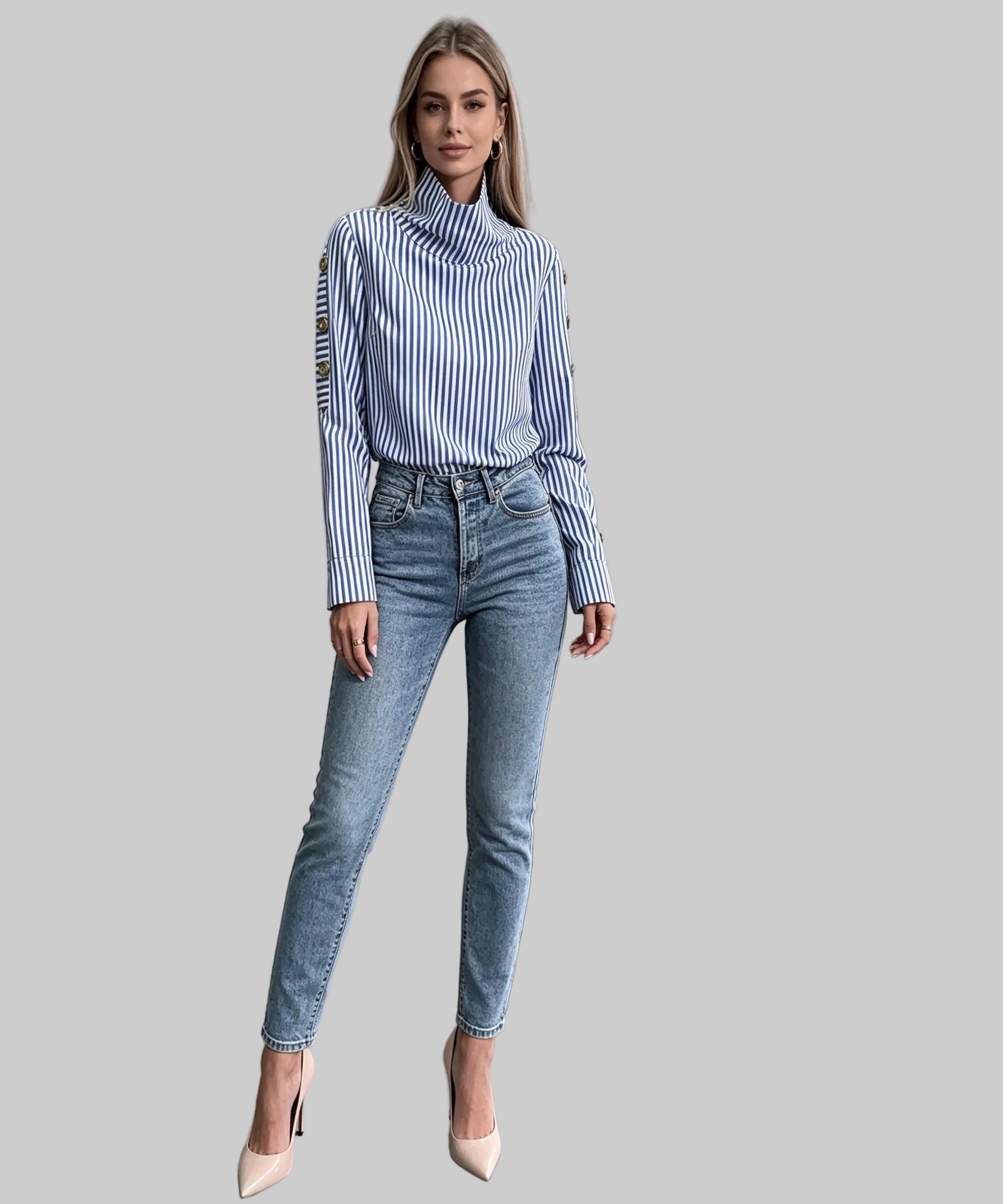 Woman wearing a striped shirt and jeans in a white background.
