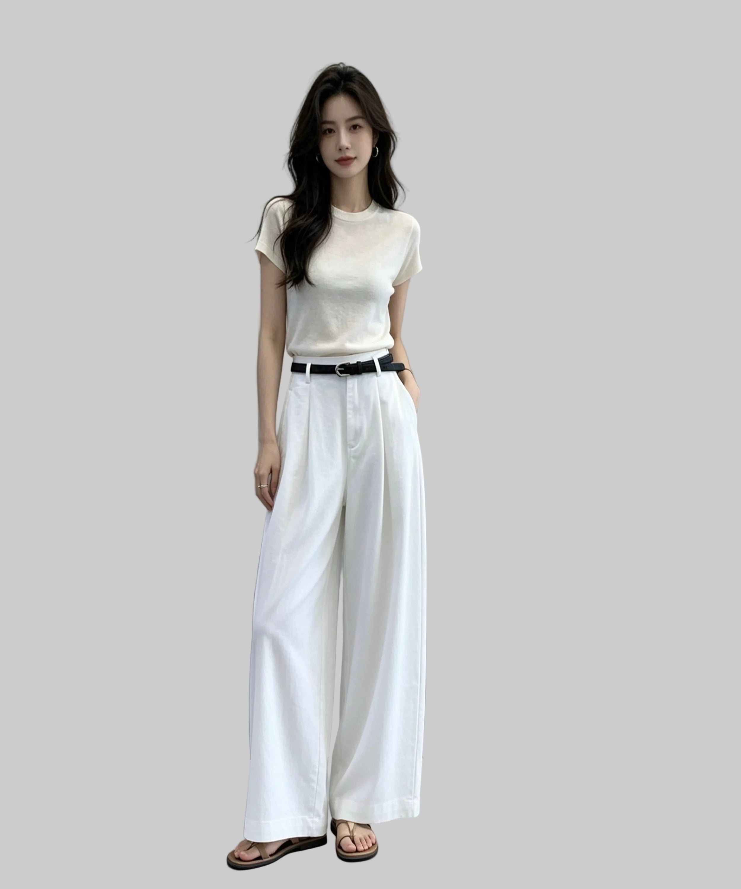 Woman wearing a white outfit with a belt against a white background