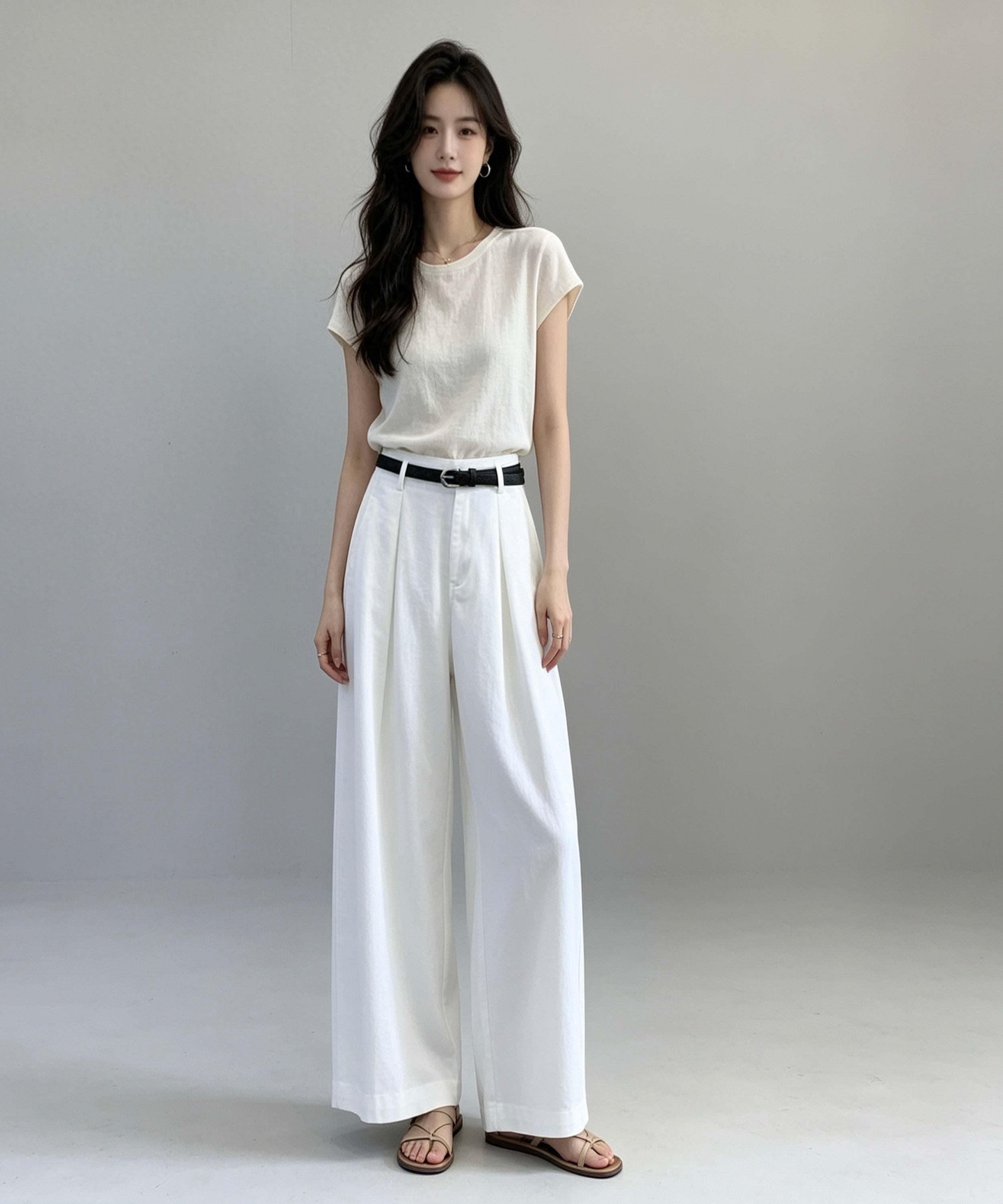 Woman wearing a white outfit with a plain background