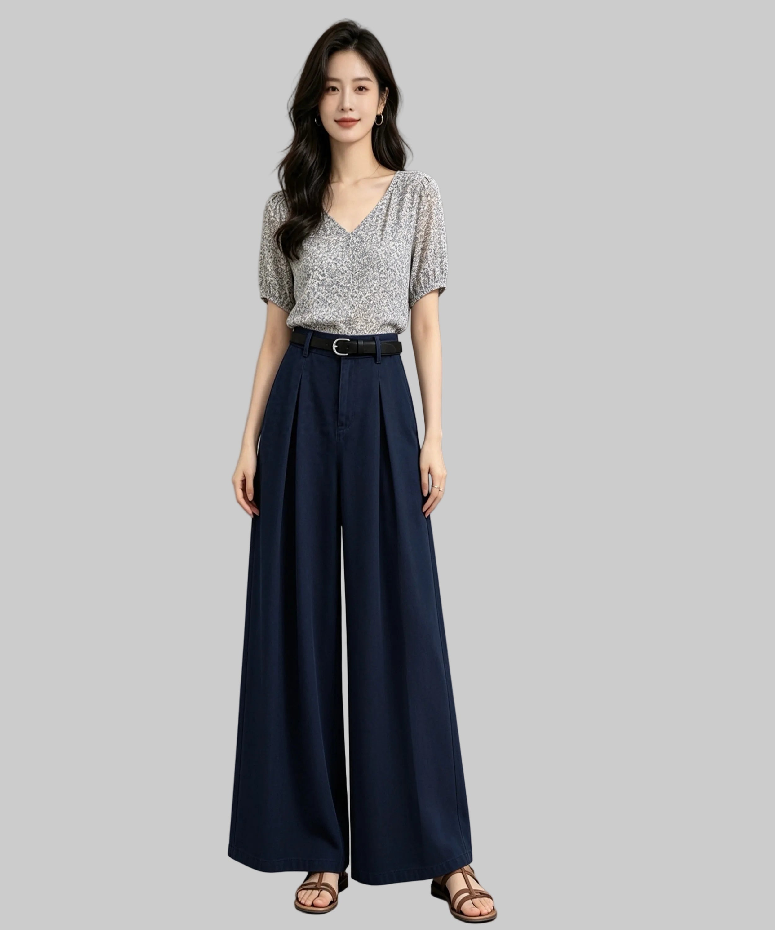 Woman wearing a patterned top and navy wide-leg pants on a white background