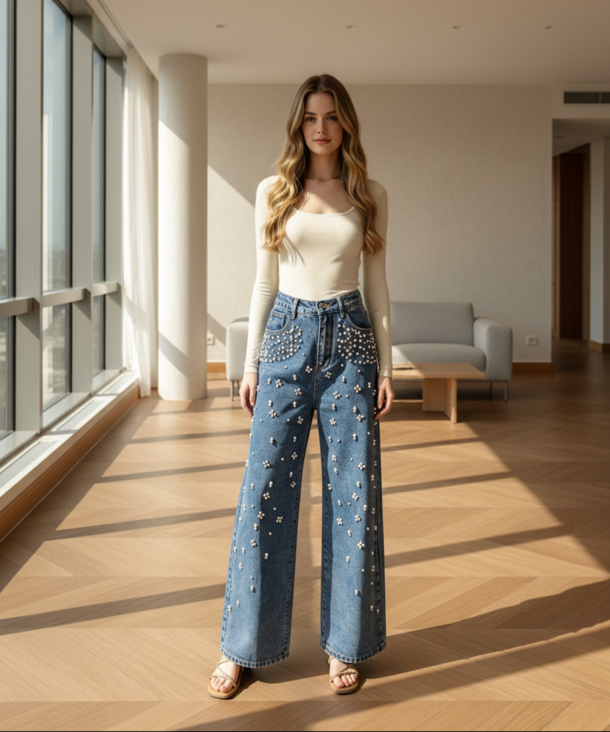 Woman wearing blue jeans with star patterns in a living room.