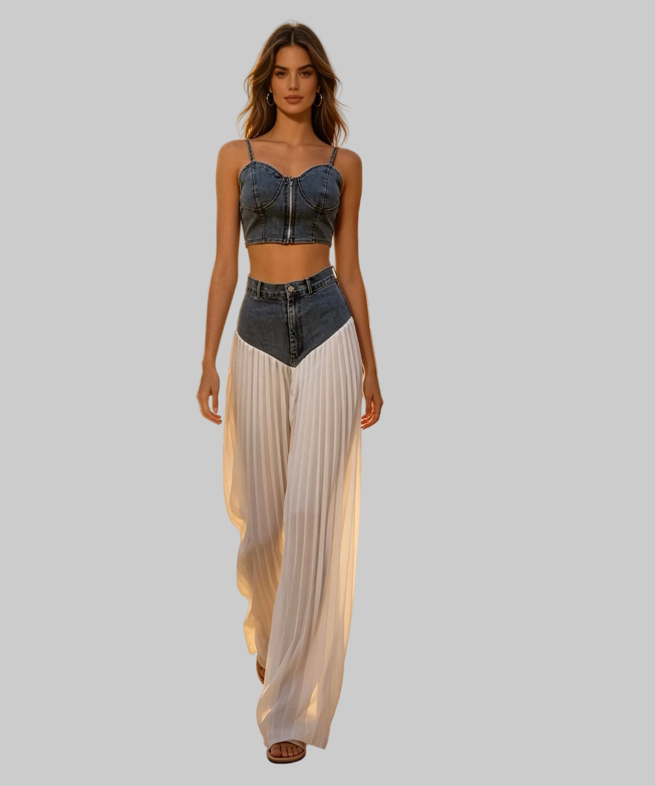 Woman in denim top and white pants in a white background.