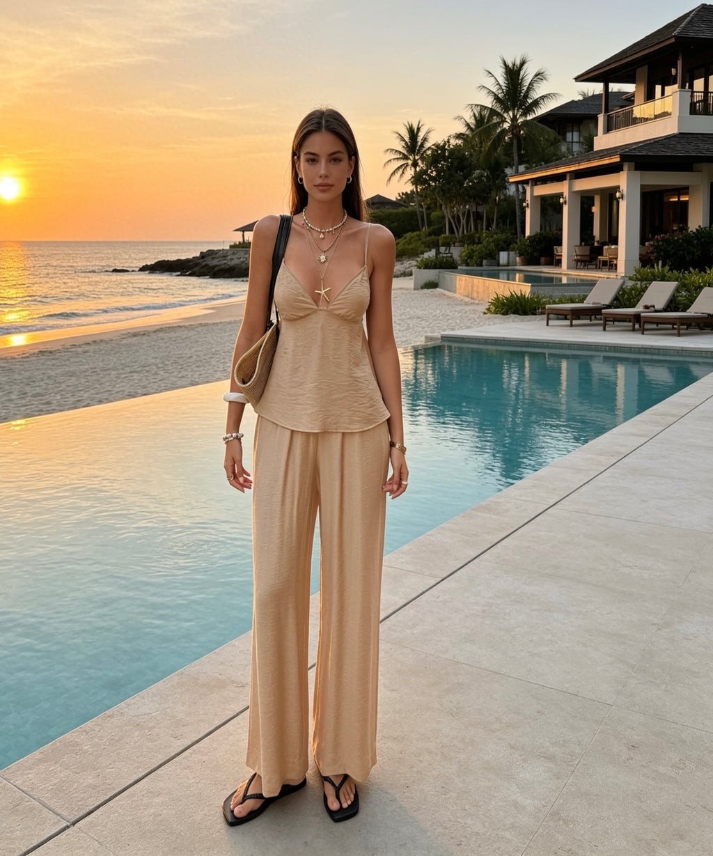 Woman in beige outfit standing by a pool with sunset and ocean view