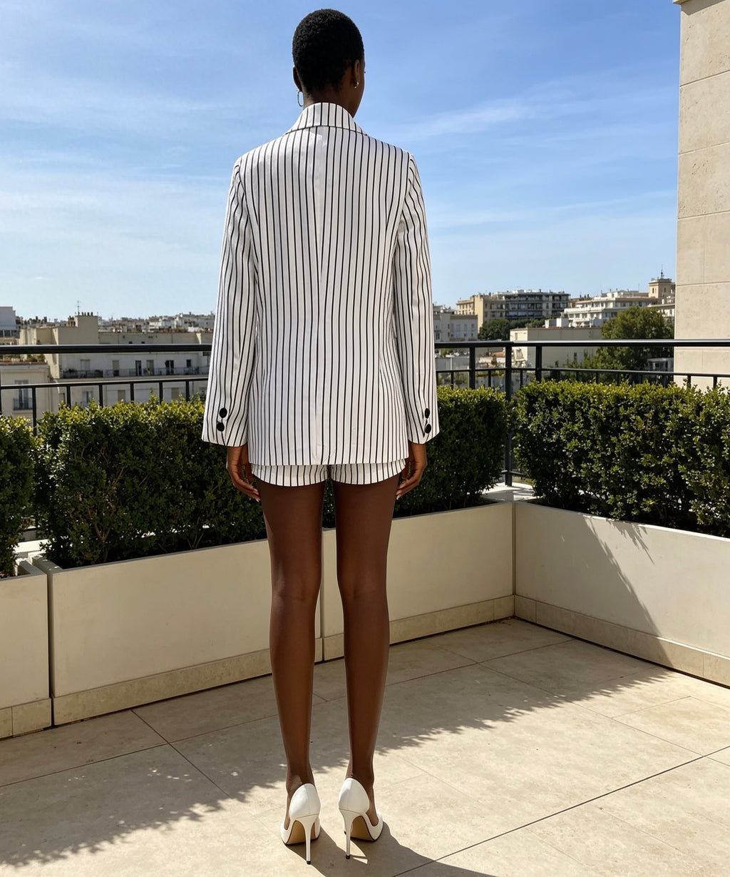 Person wearing a striped shirt and shorts on a balcony with a cityscape view.