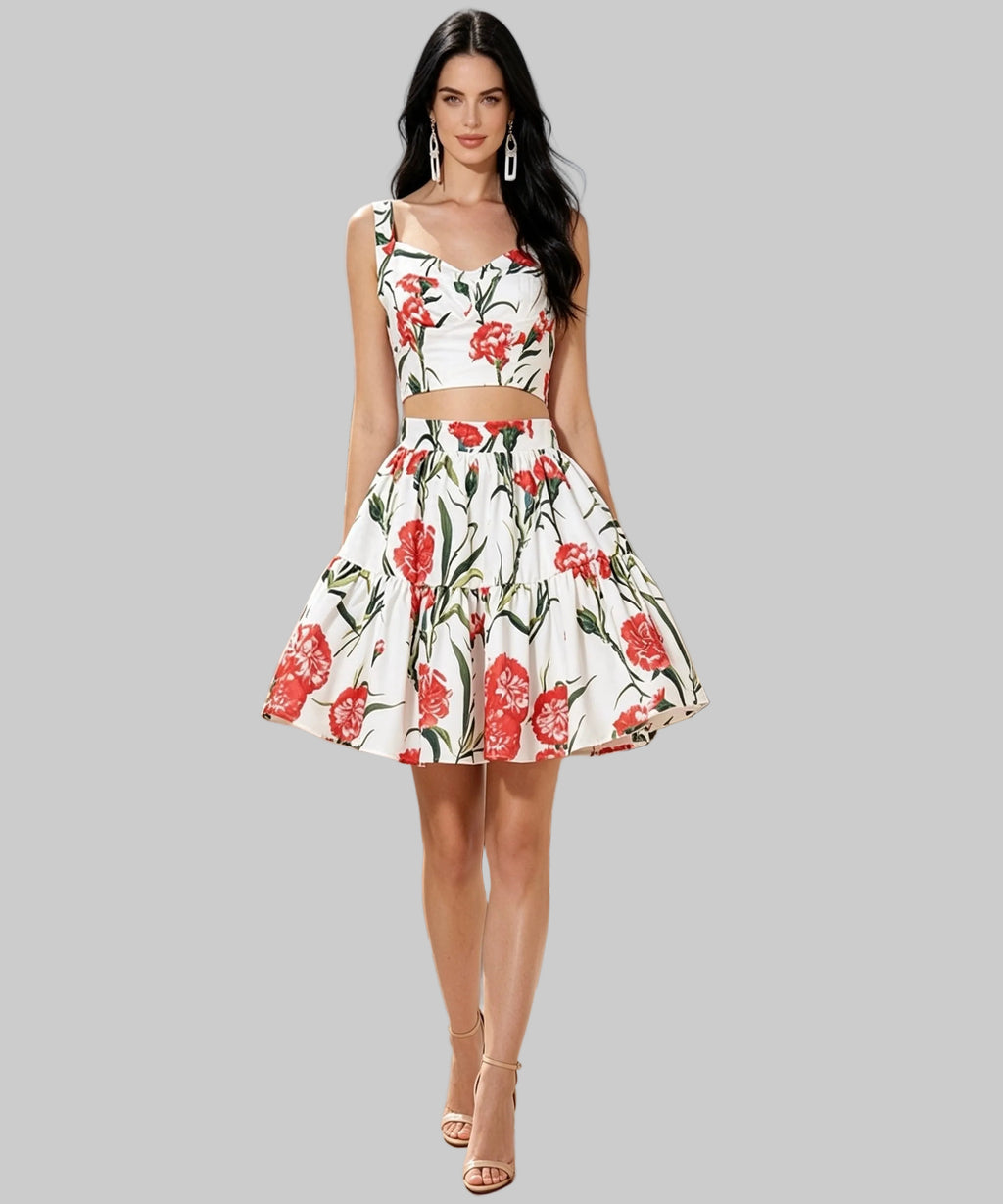 Woman wearing a floral dress on a white background
