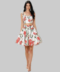 Woman wearing a floral dress on a white background
