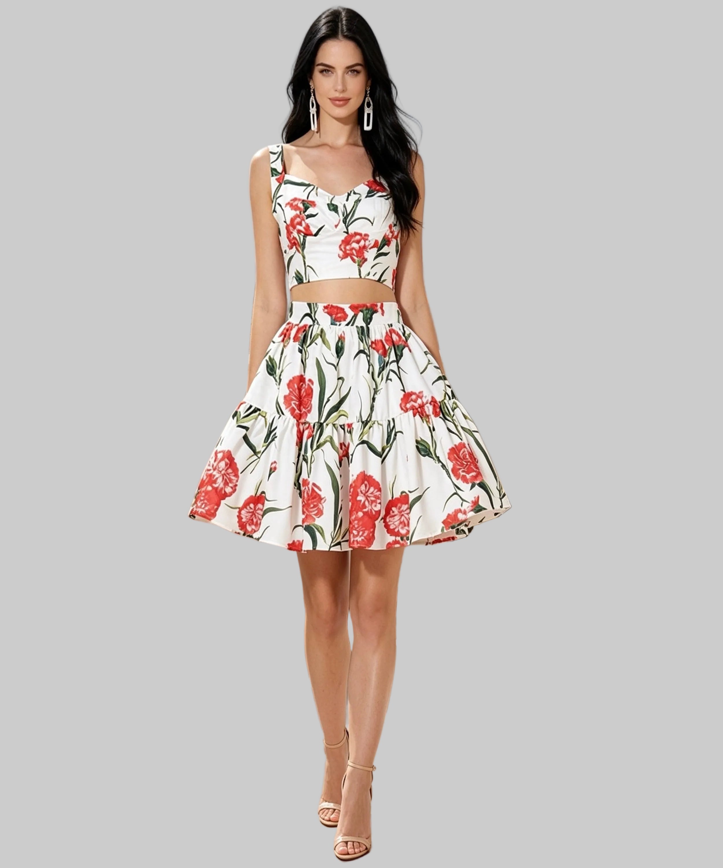 Woman wearing a floral dress on a white background