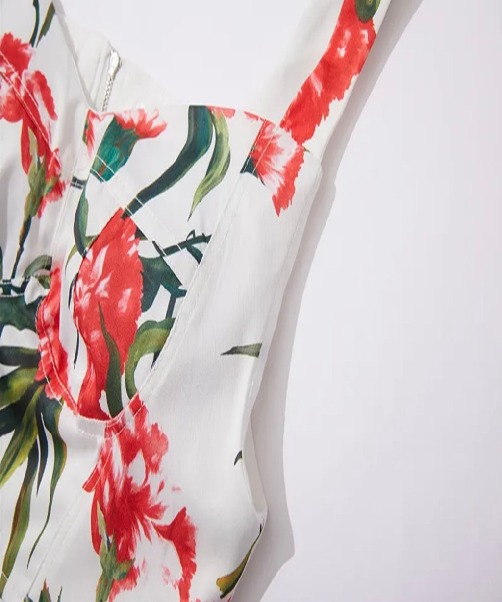 Close-up of a floral-patterned garment with red flowers and green leaves on a white background.