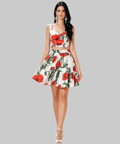 Woman wearing a floral dress on a white background