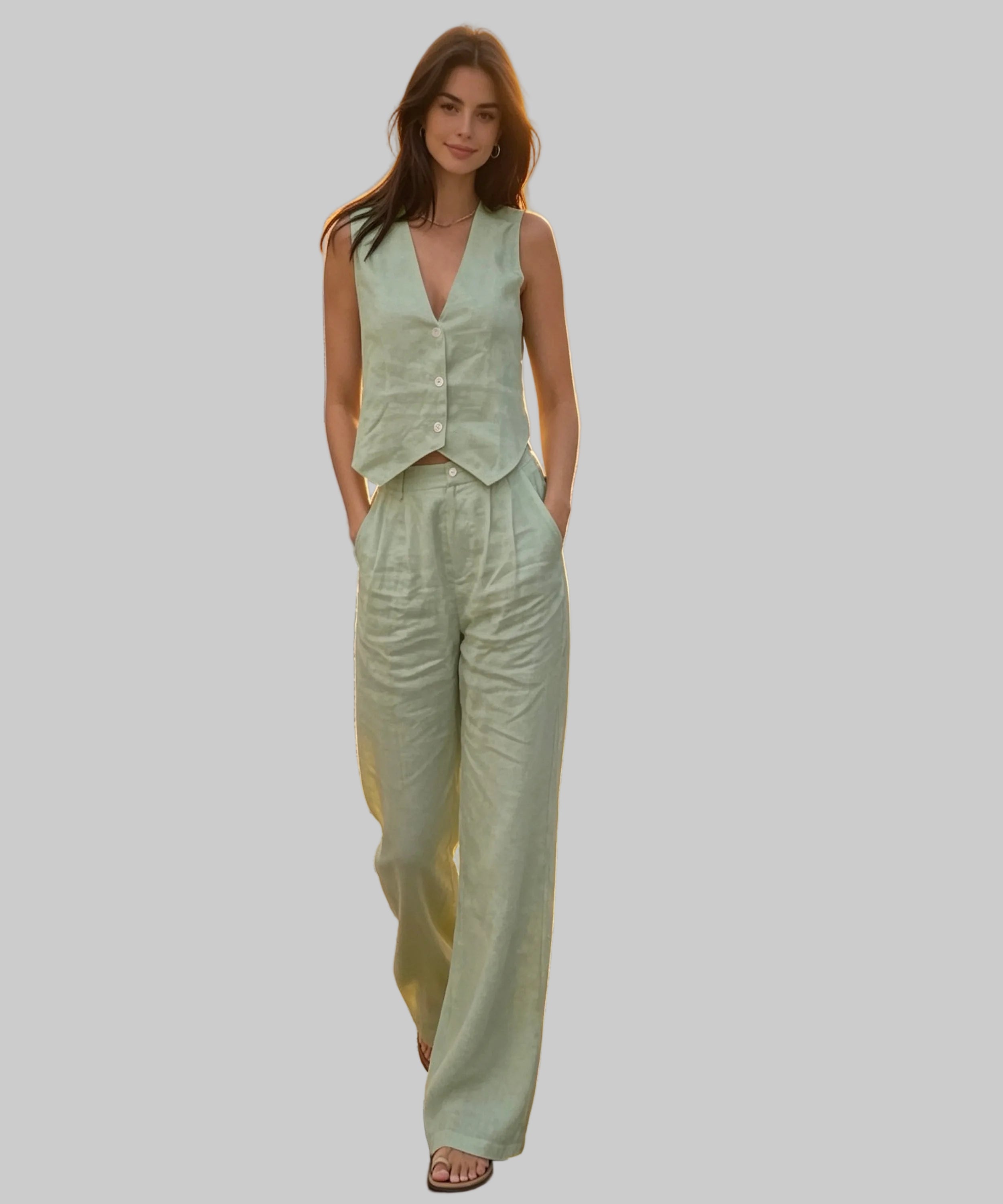 Woman in a light green outfit standing on a white background.