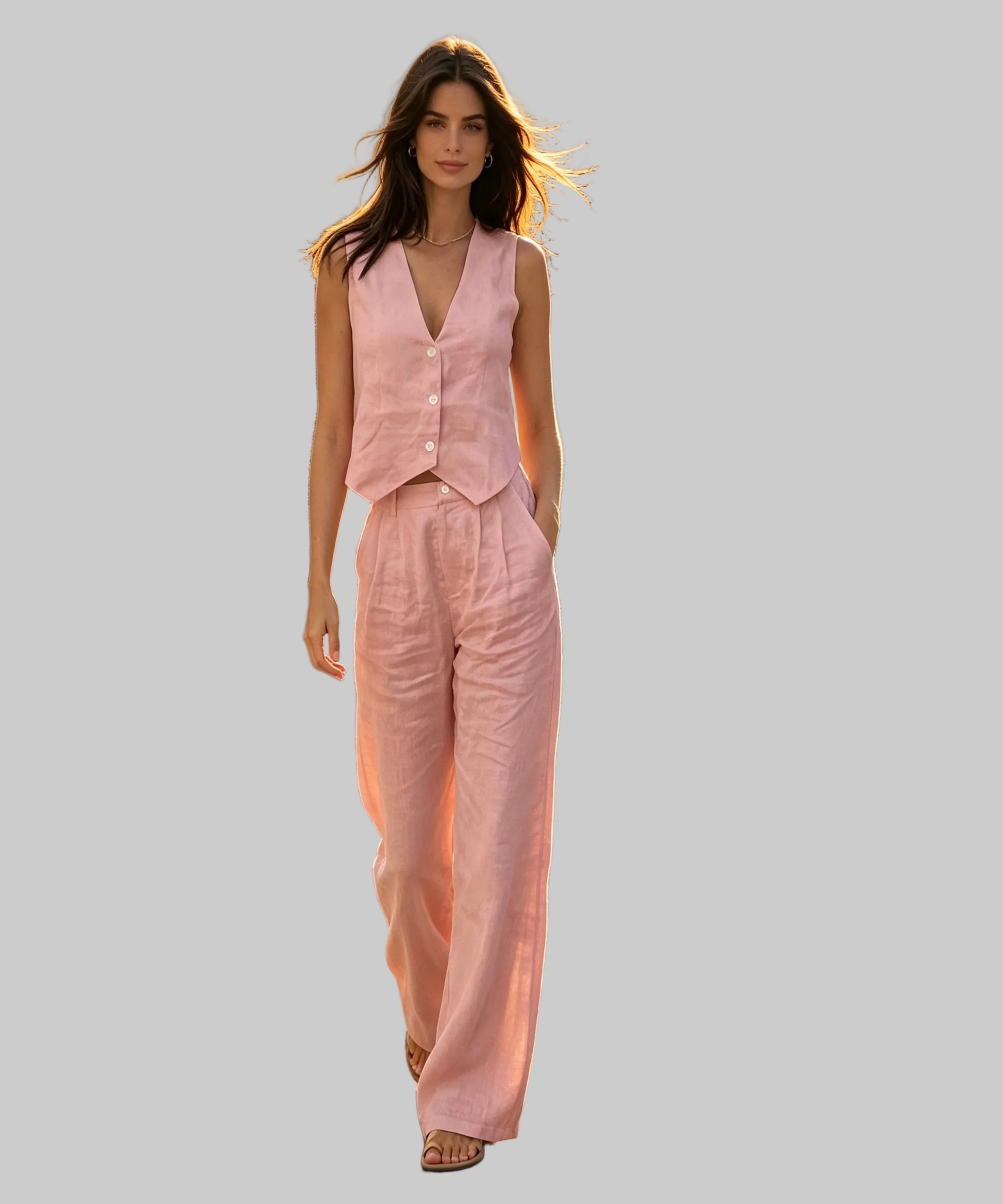 Woman in a pink outfit stands on a white background