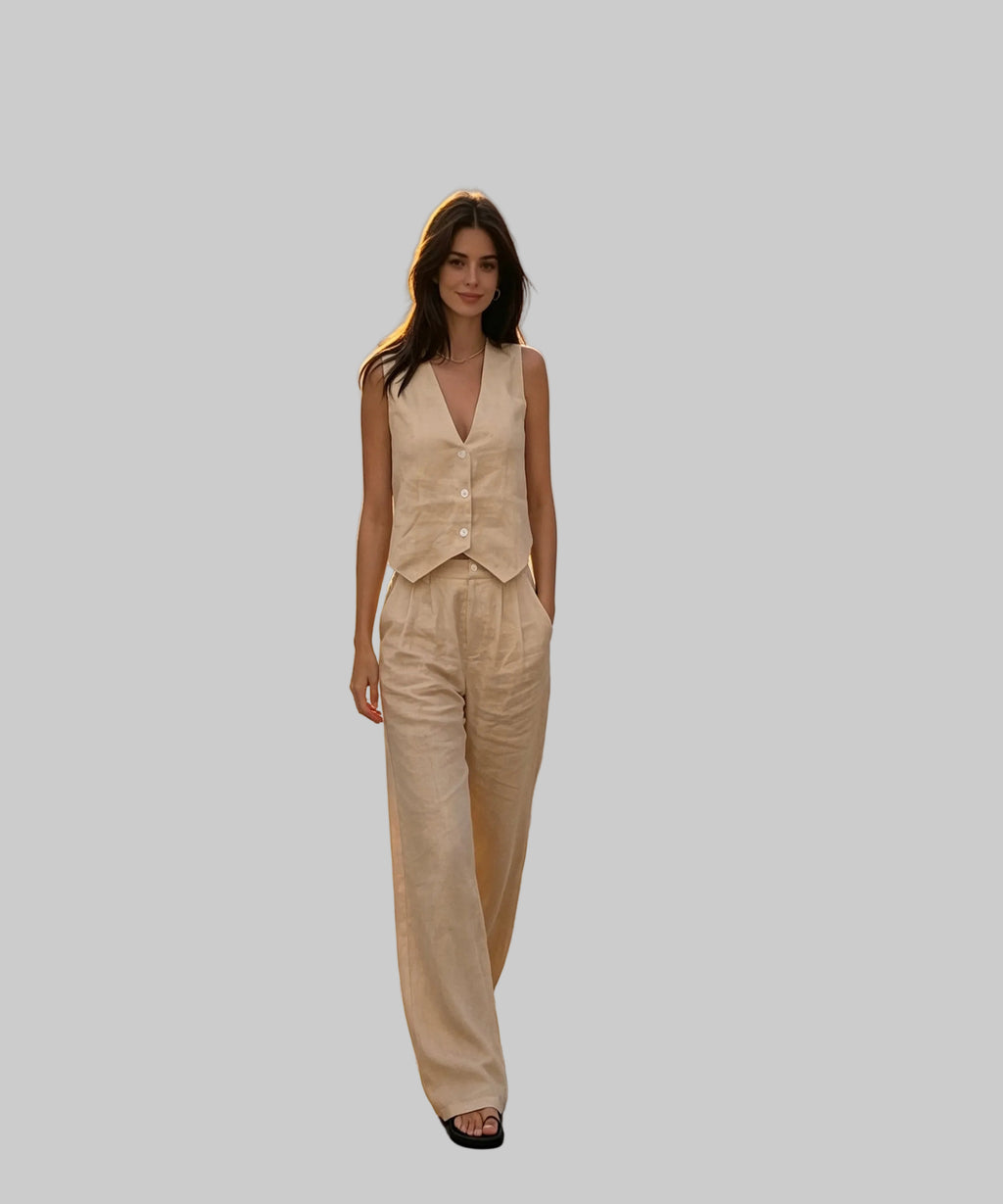 Woman in beige outfit walking down a white background.