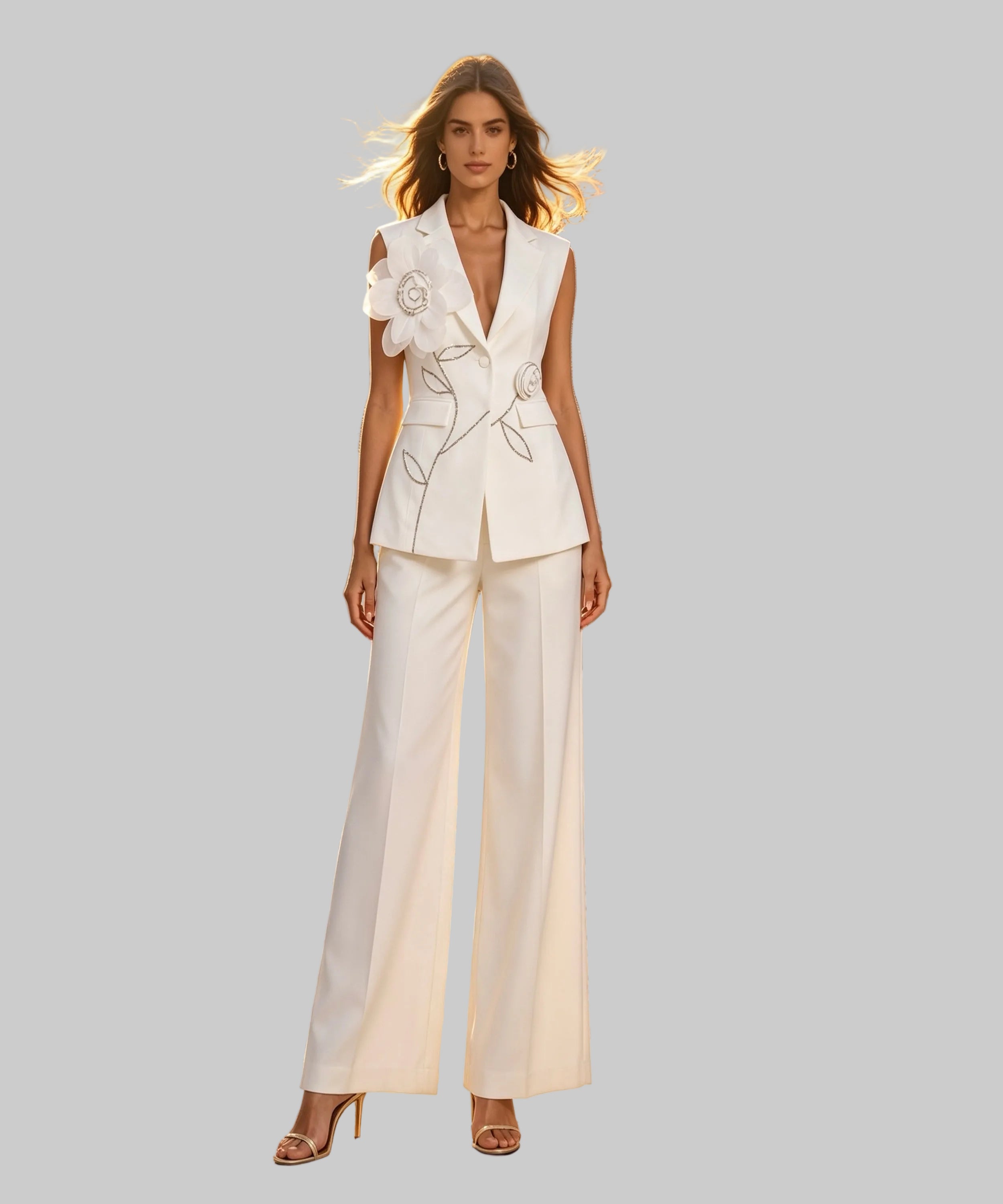 Woman in a white outfit standing in a white background
