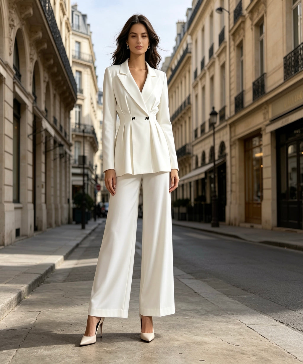 Woman in a white suit standing on a city street