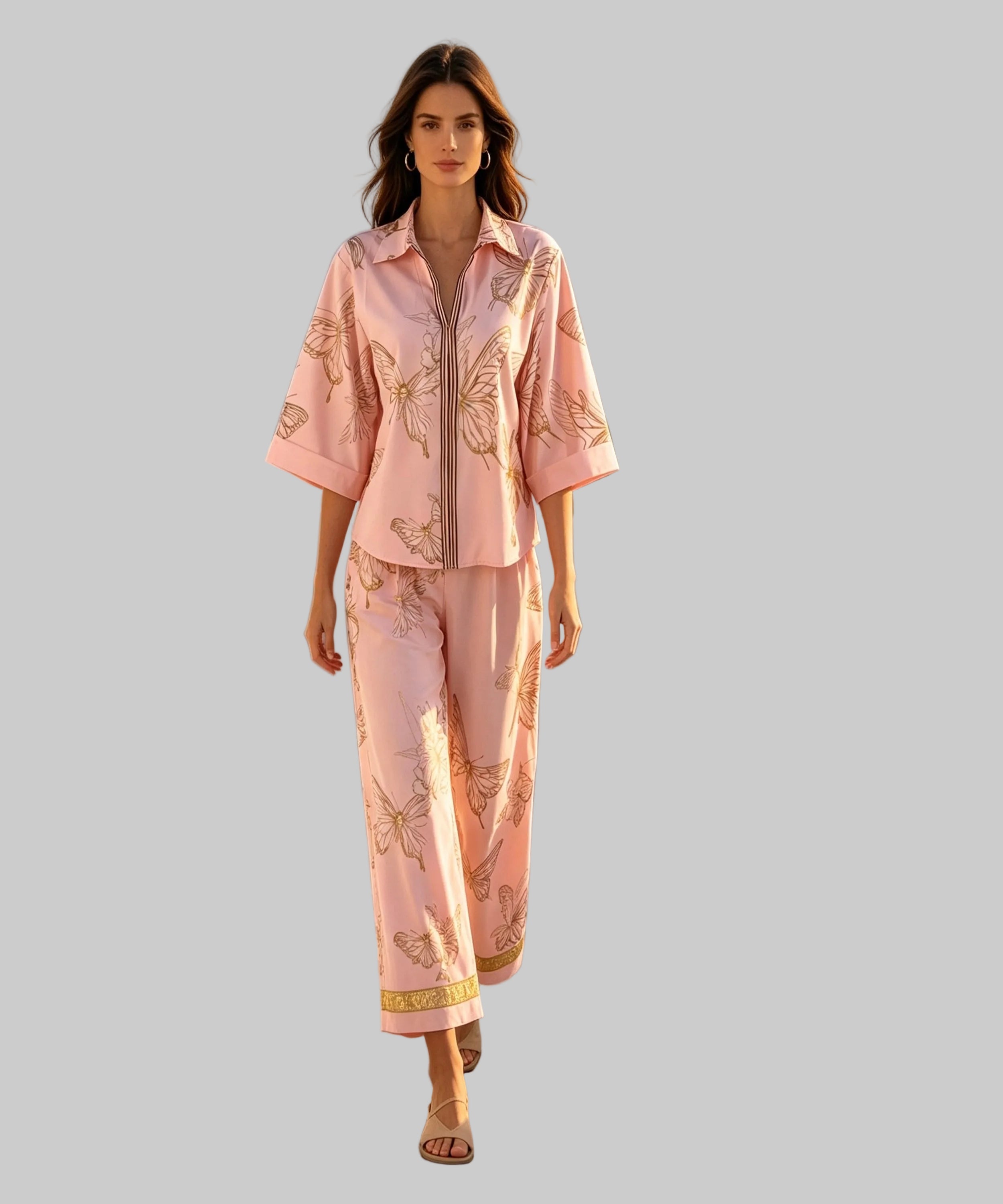 Woman in a pink outfit walking on a white background