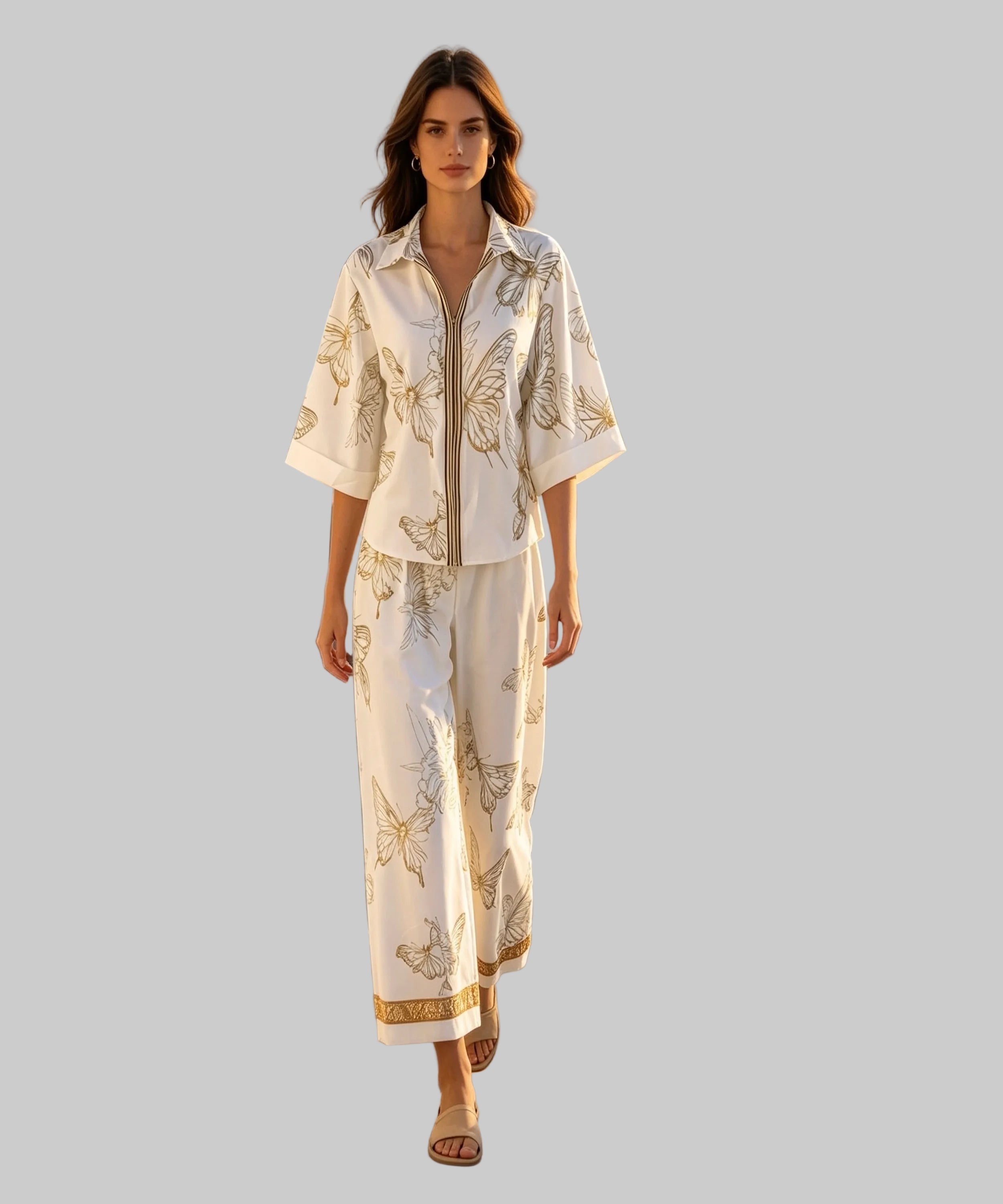 Woman in a white outfit with gold patterns standing on a white background.