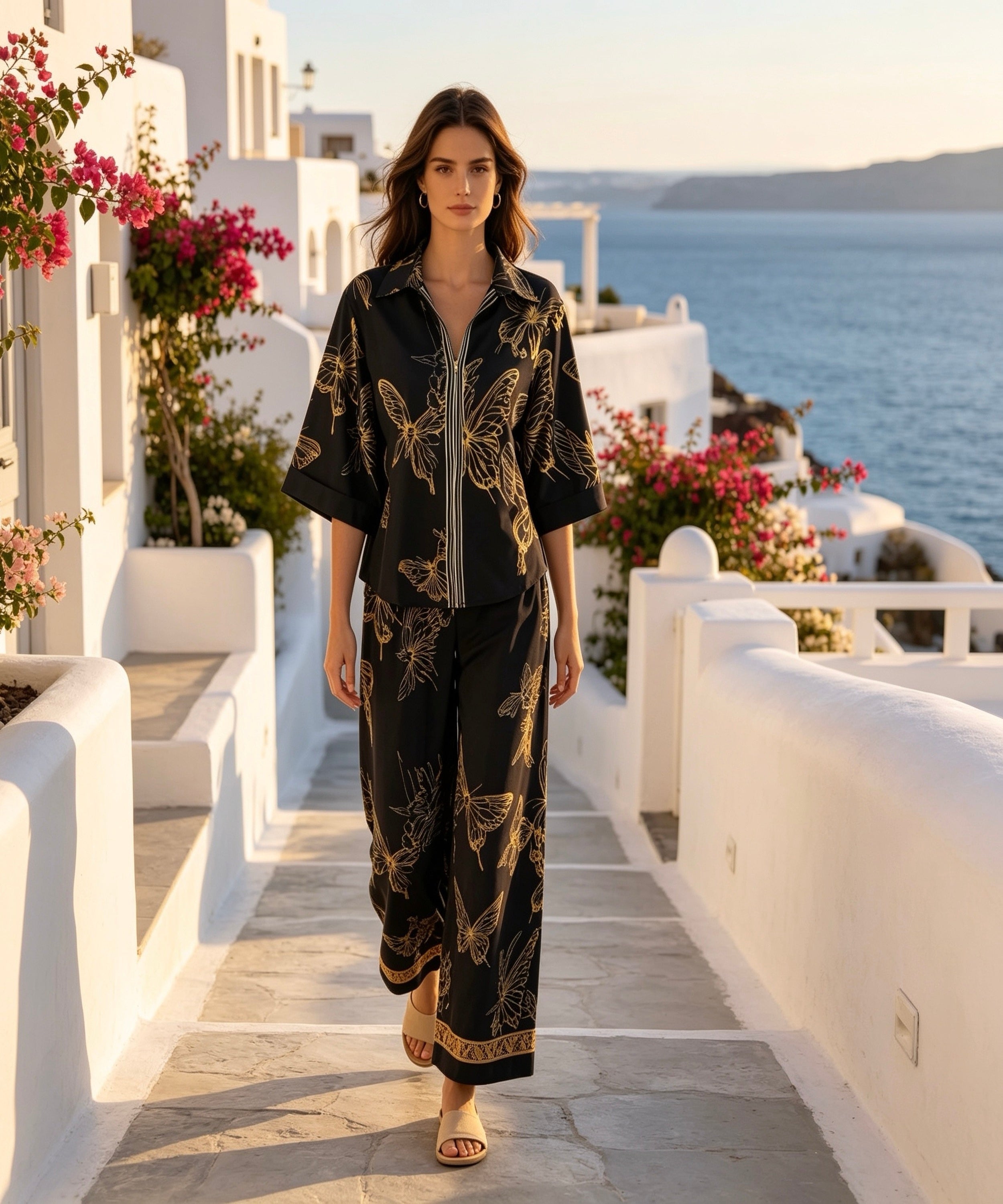 Woman in a black outfit with gold patterns standing on a white pathway with ocean view