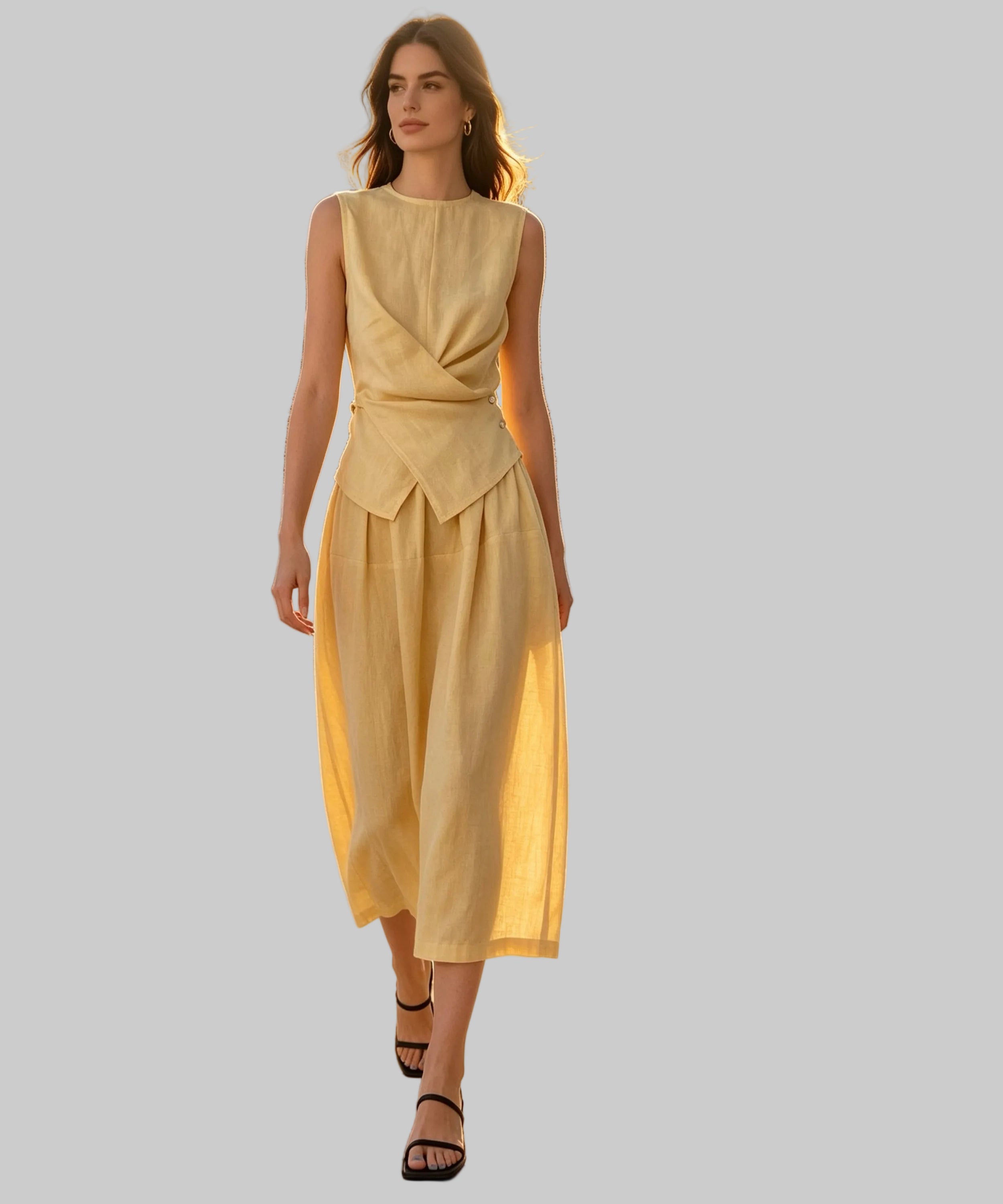 Woman in a yellow dress standing on a white background.