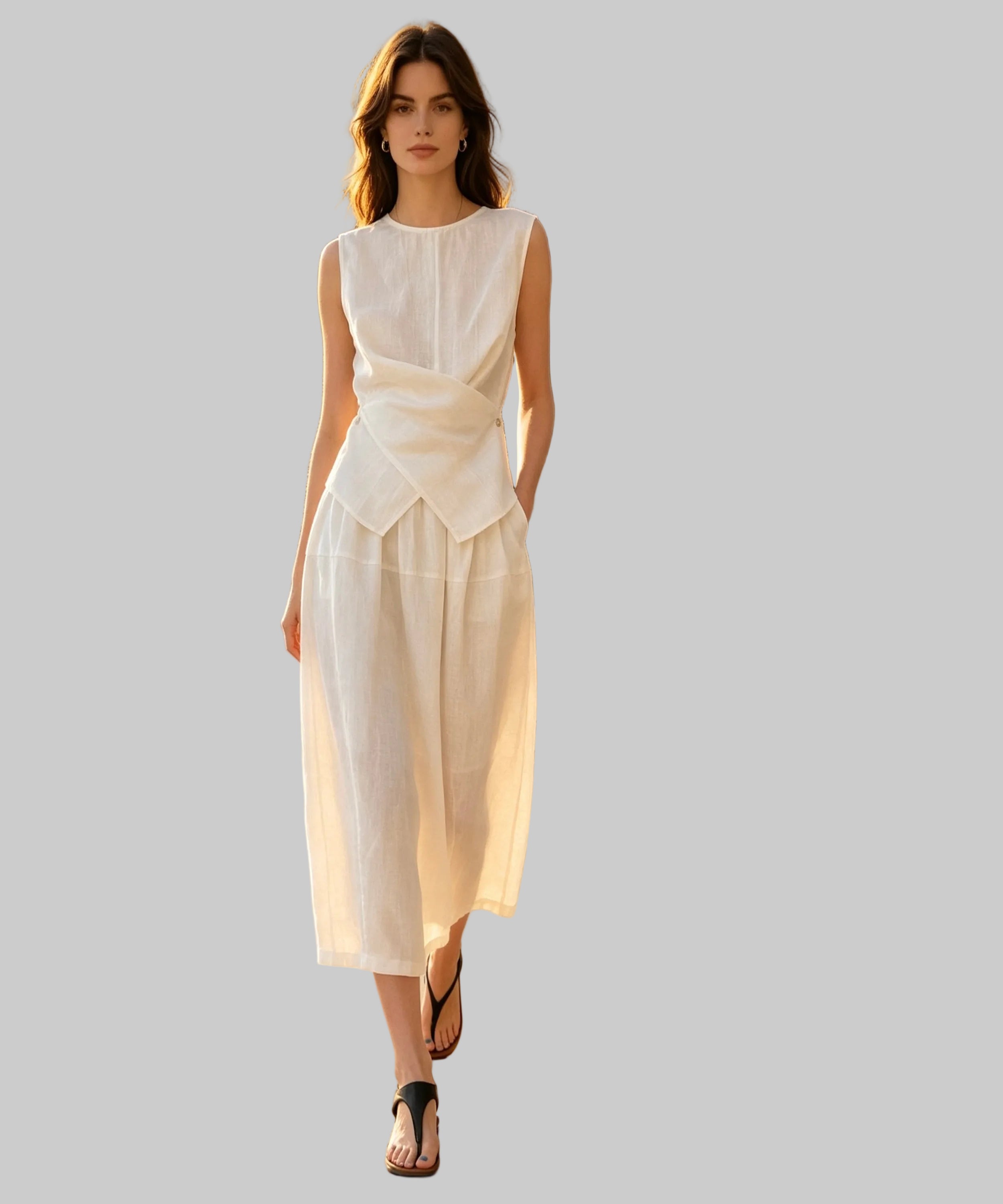 Woman in a white dress standing in a luxurious outdoor setting with a white background