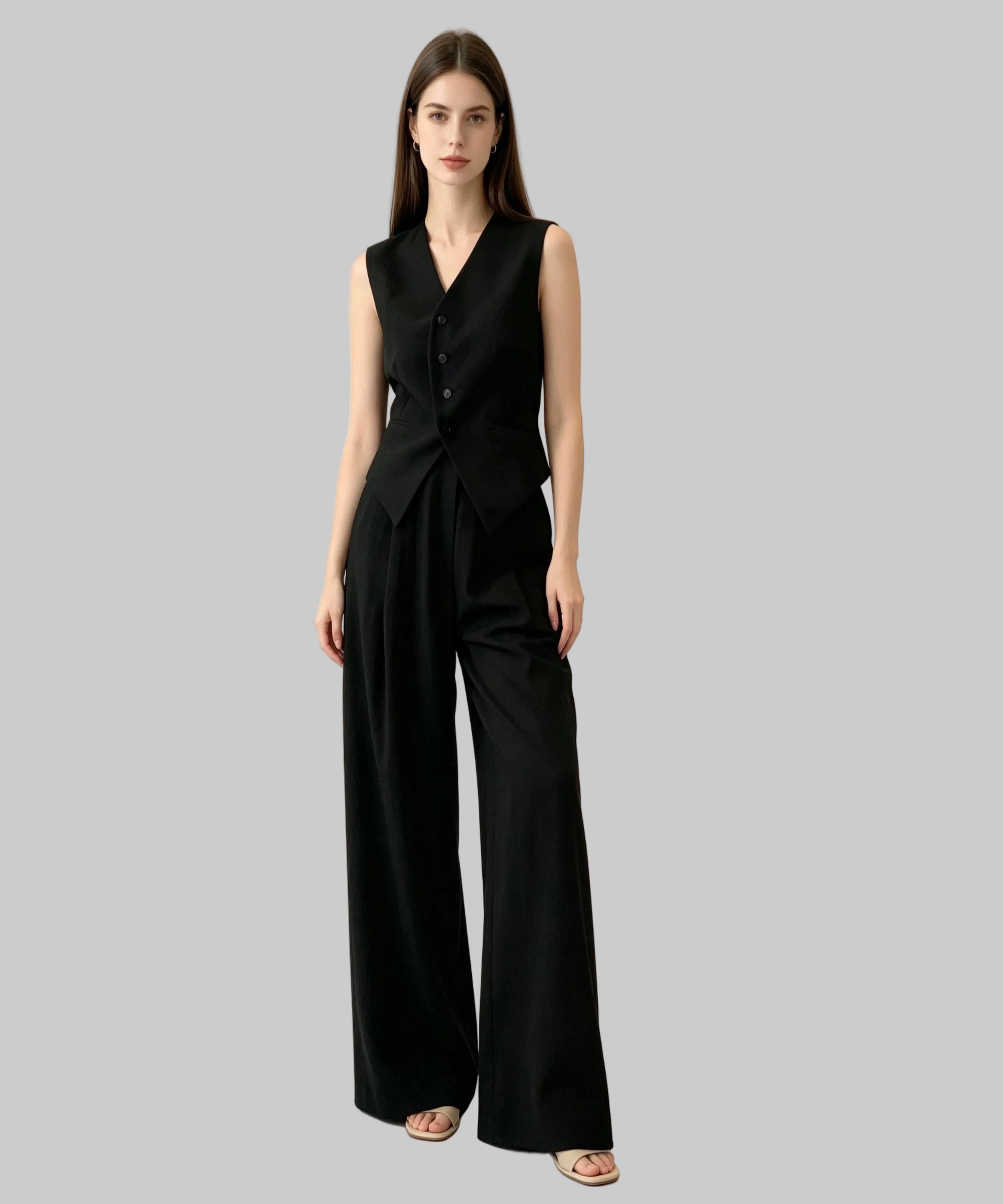 Woman wearing a black sleeveless jumpsuit on a white background