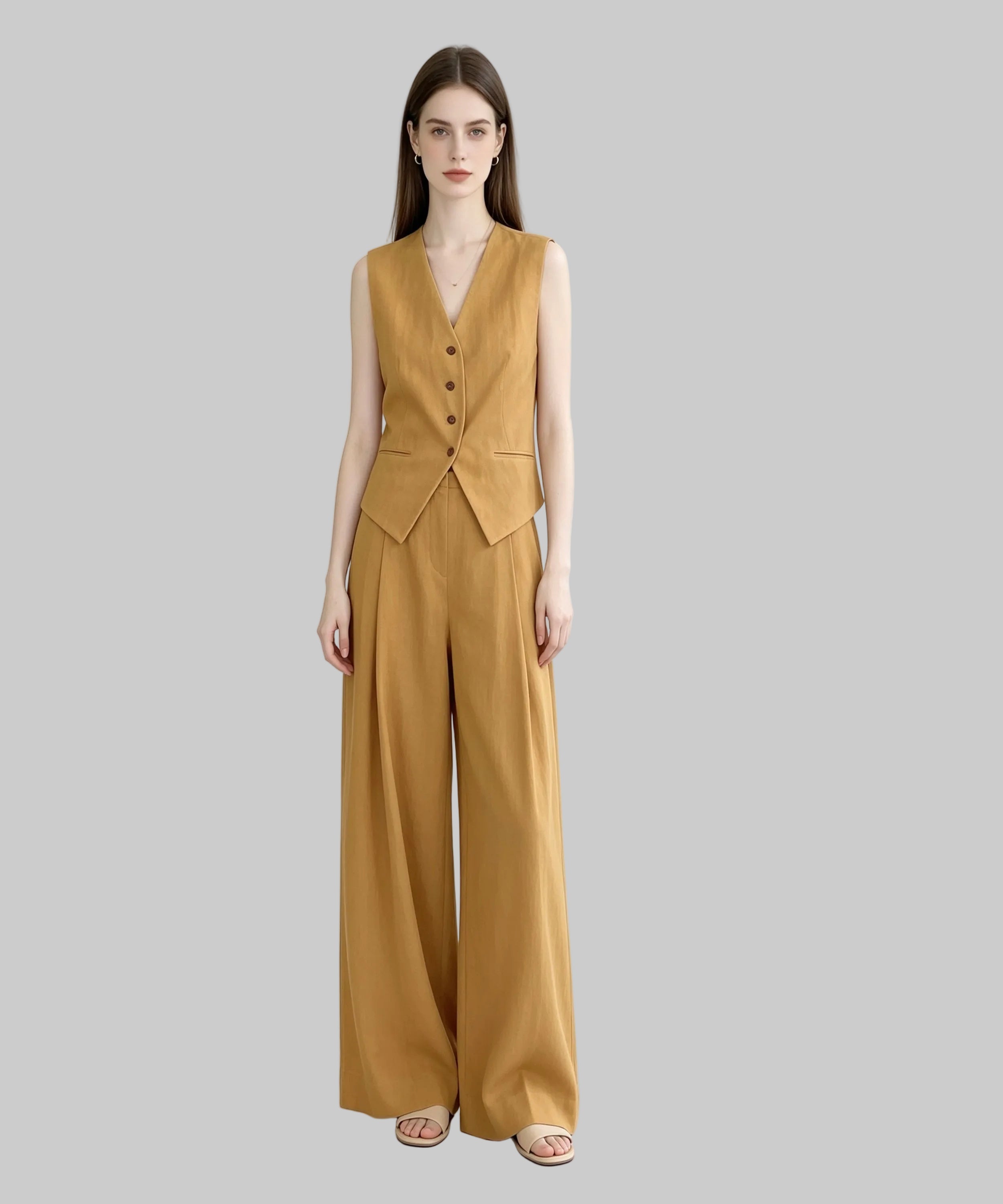 Woman wearing a mustard yellow vest and wide-leg pants on a white background