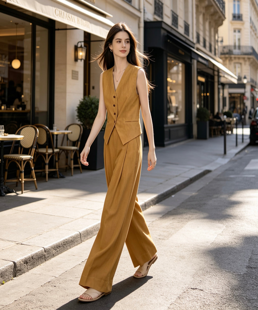 Woman in a brown suit walking down a city street with cafes and shops in the background.