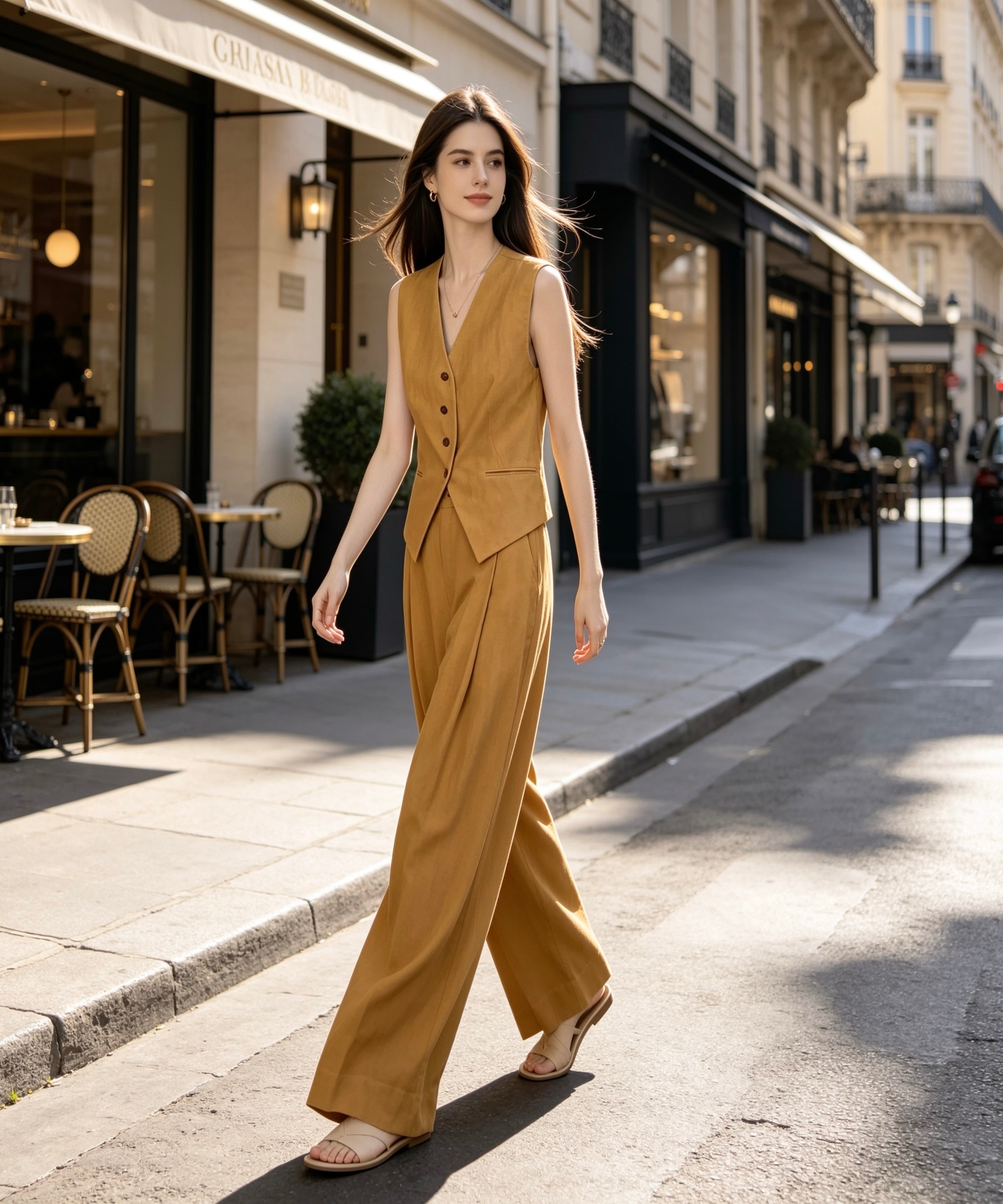 Woman in a brown suit walking down a city street with cafes and shops in the background.