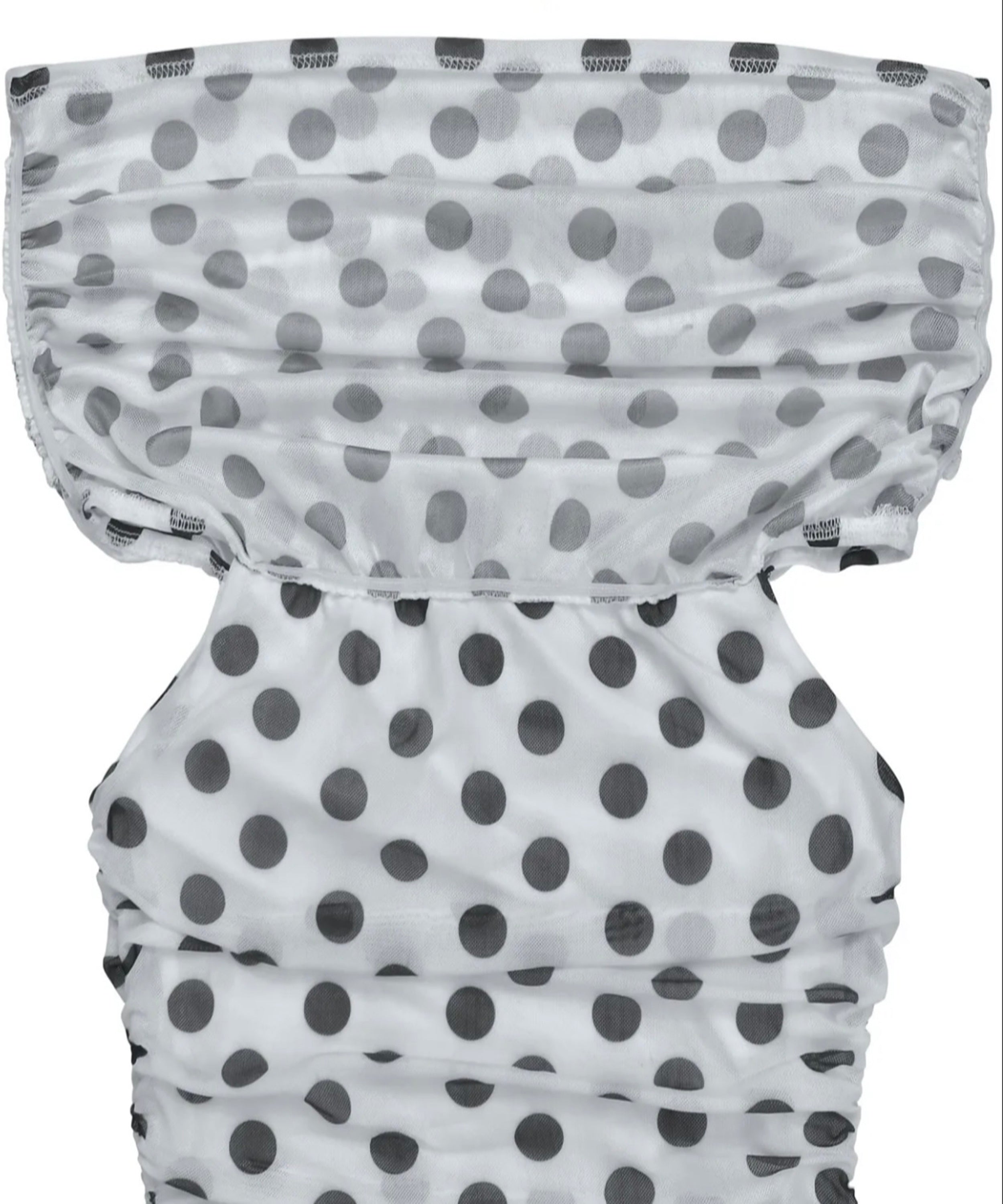 White ruffled fabric accessory with a black polka dot pattern, shown against a plain white background.