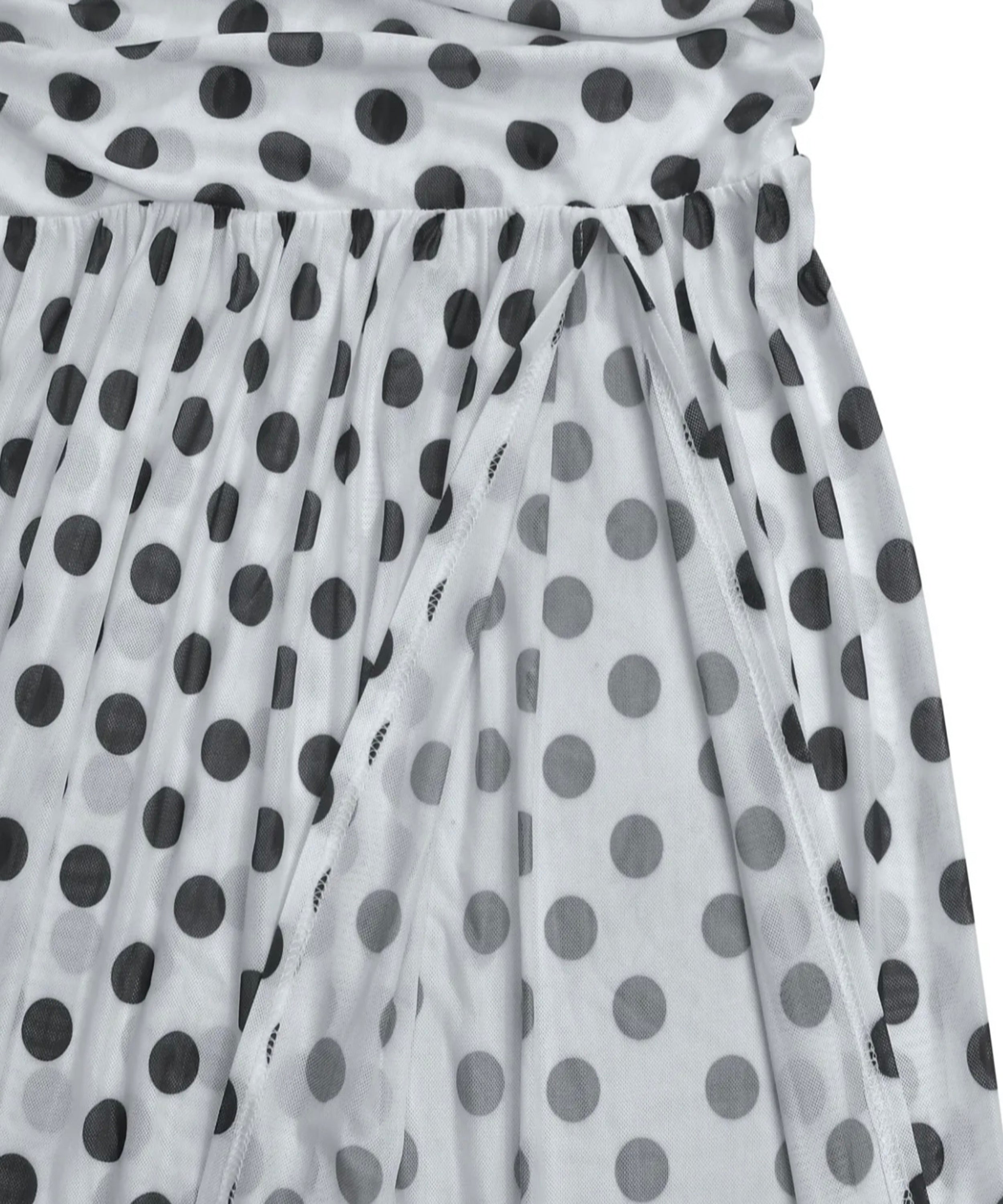 White sheer mesh fabric with a black and gray polka dot pattern, showing a gathered waistband and layered sheer panels.