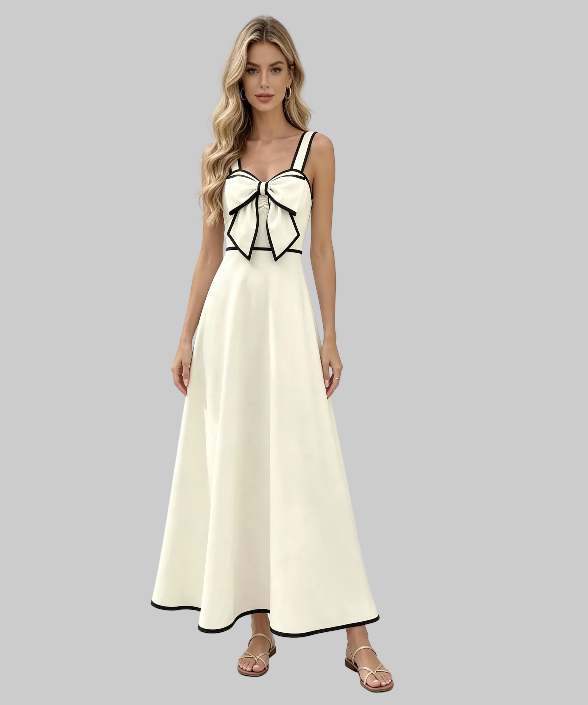 beautiful women wearing a long beige dress on a white background