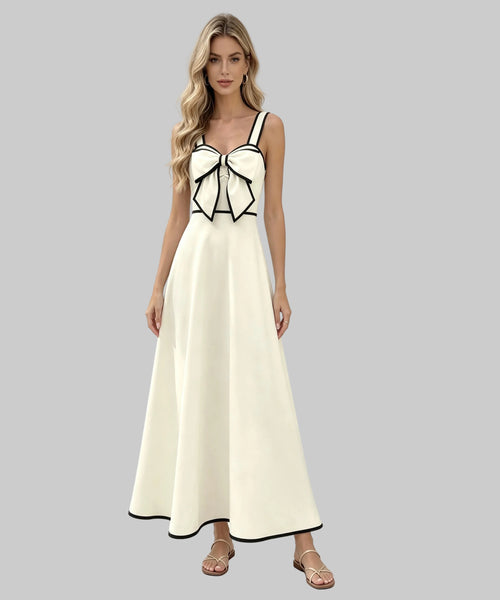 beautiful women wearing a long beige dress on a white background