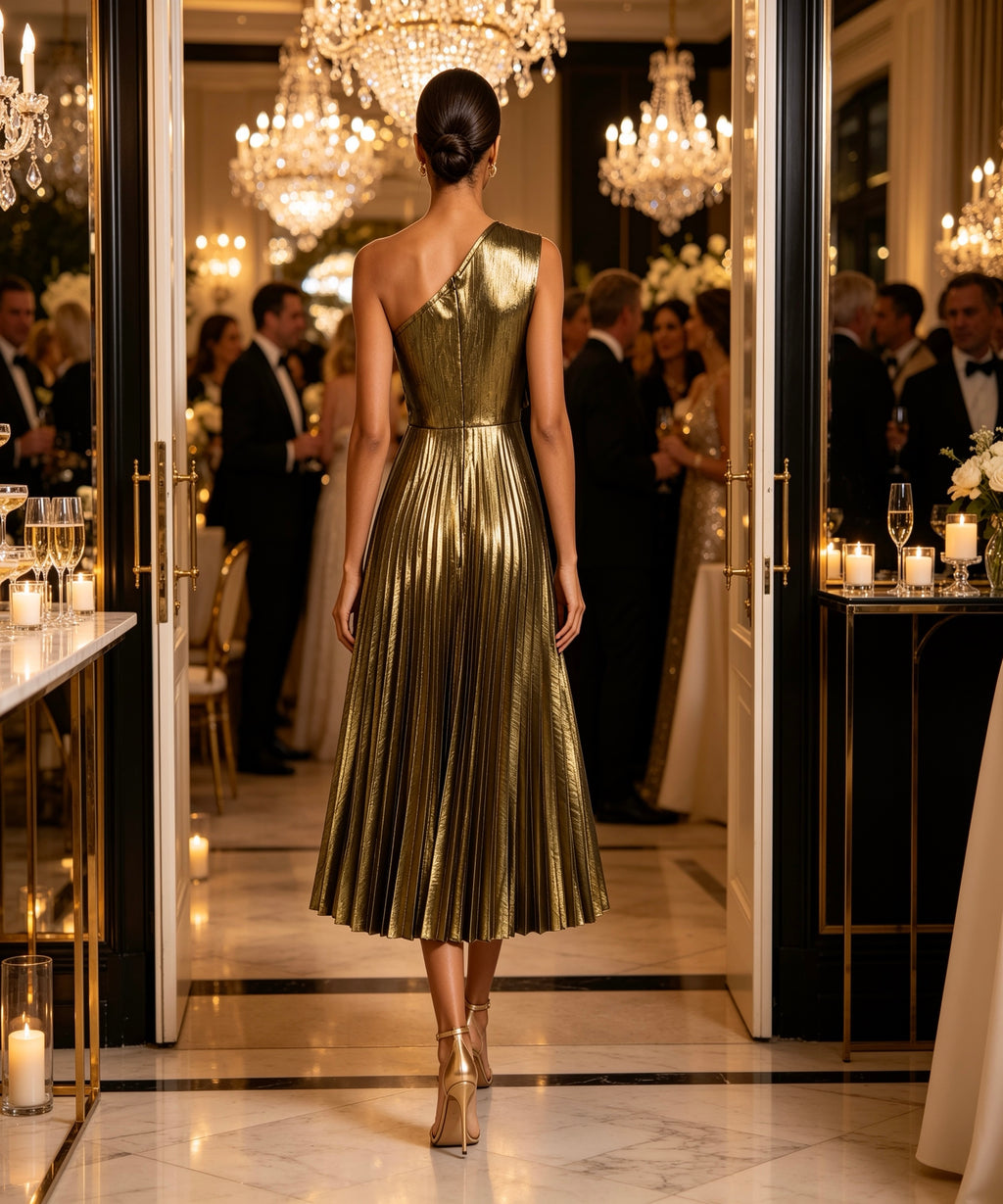 A woman viewed from behind wearing a metallic gold one-shoulder midi dress with pleated detailing, walking through an elegant doorway in a formal event hall with chandeliers and guests in the background.