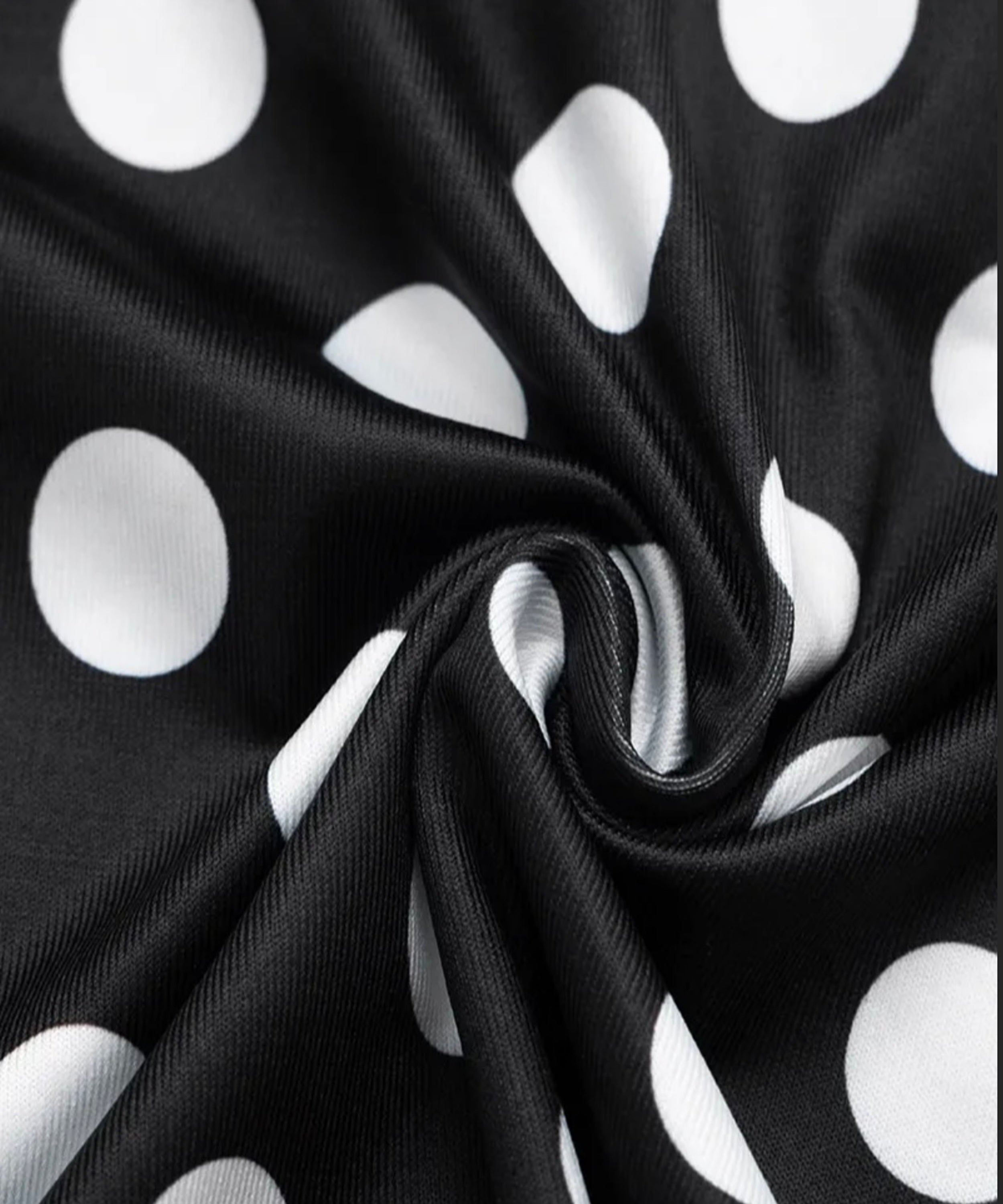 Black fabric with white polka dots