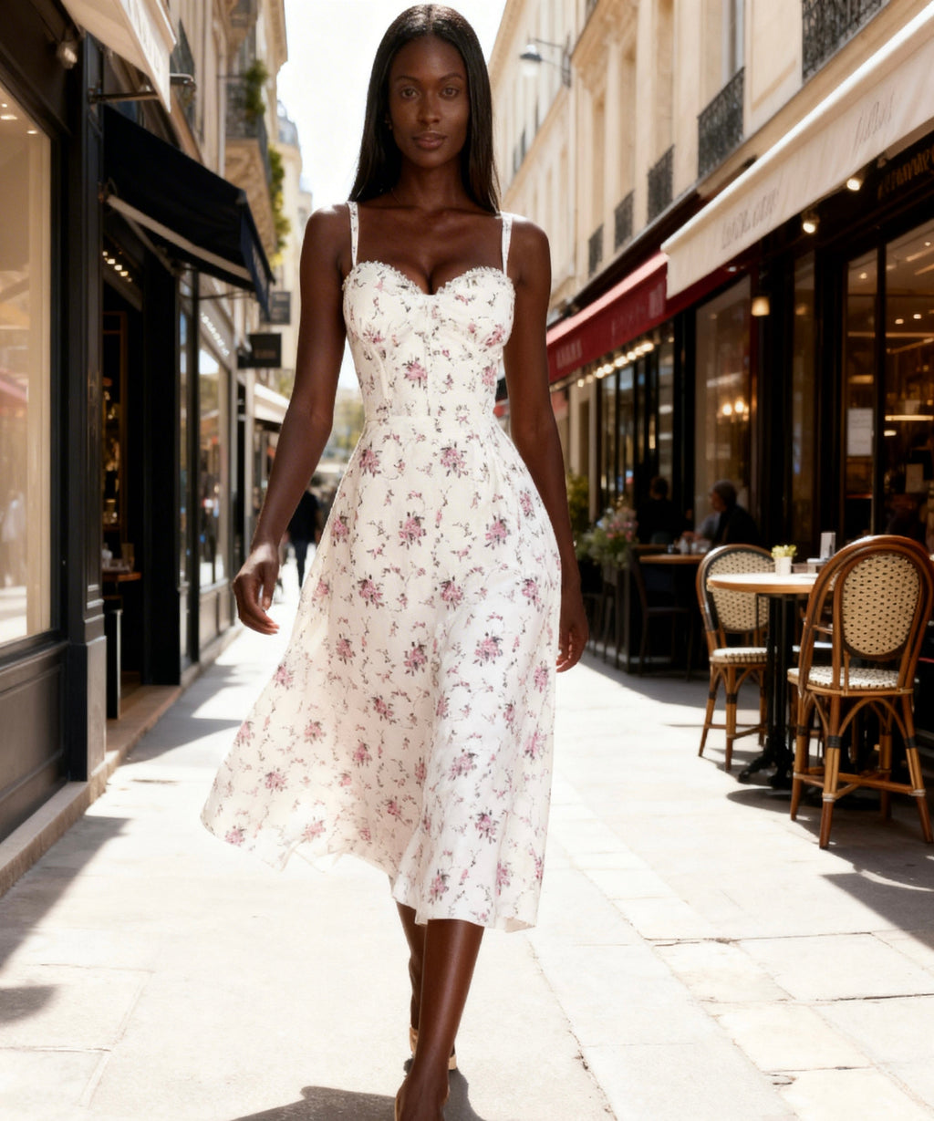 Woman in a floral dress walking on a city street with cafes in the background