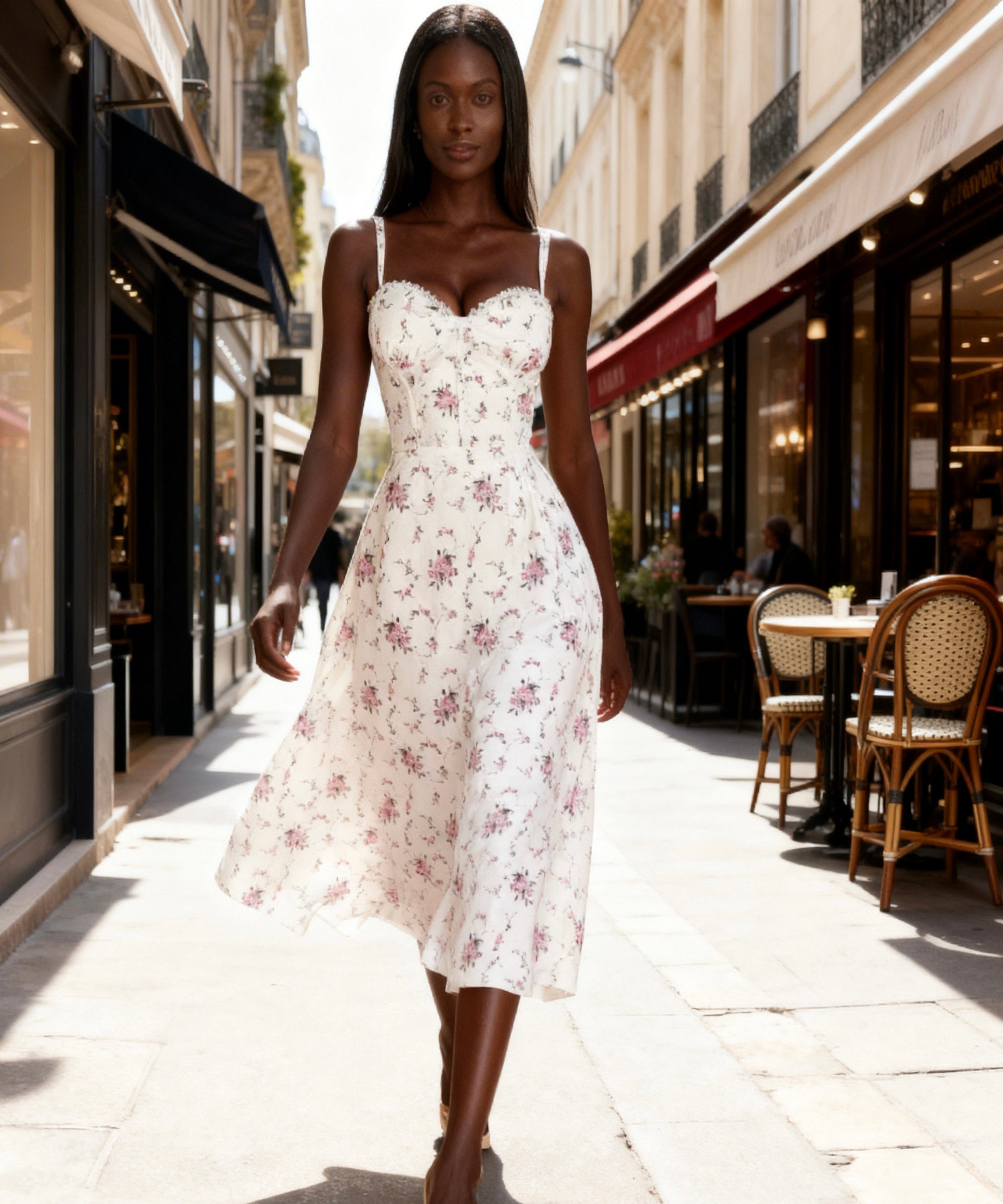 Woman in a floral dress walking on a city street with cafes in the background